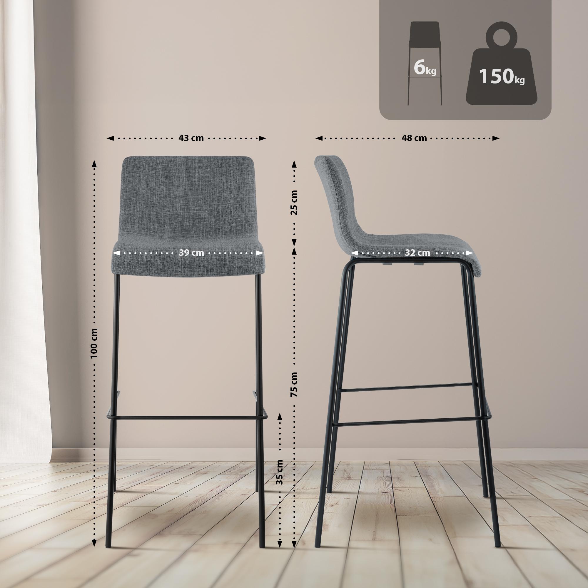Juego de 2 taburetes de bar Hover, tela, base de cuatro patas