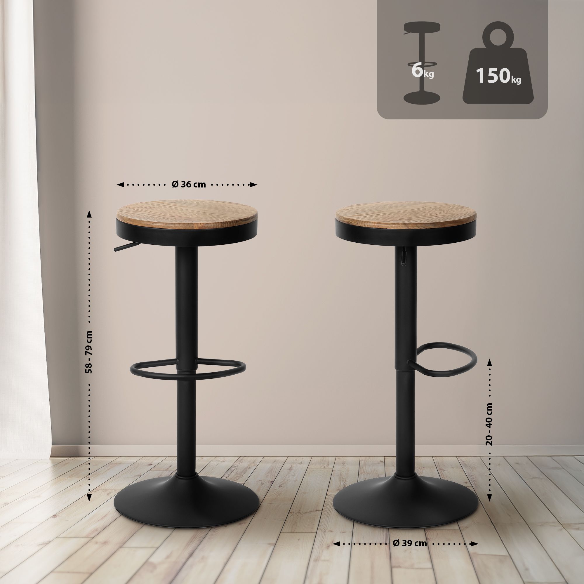 Juego de 2 taburetes de bar Pitas madera de olmo