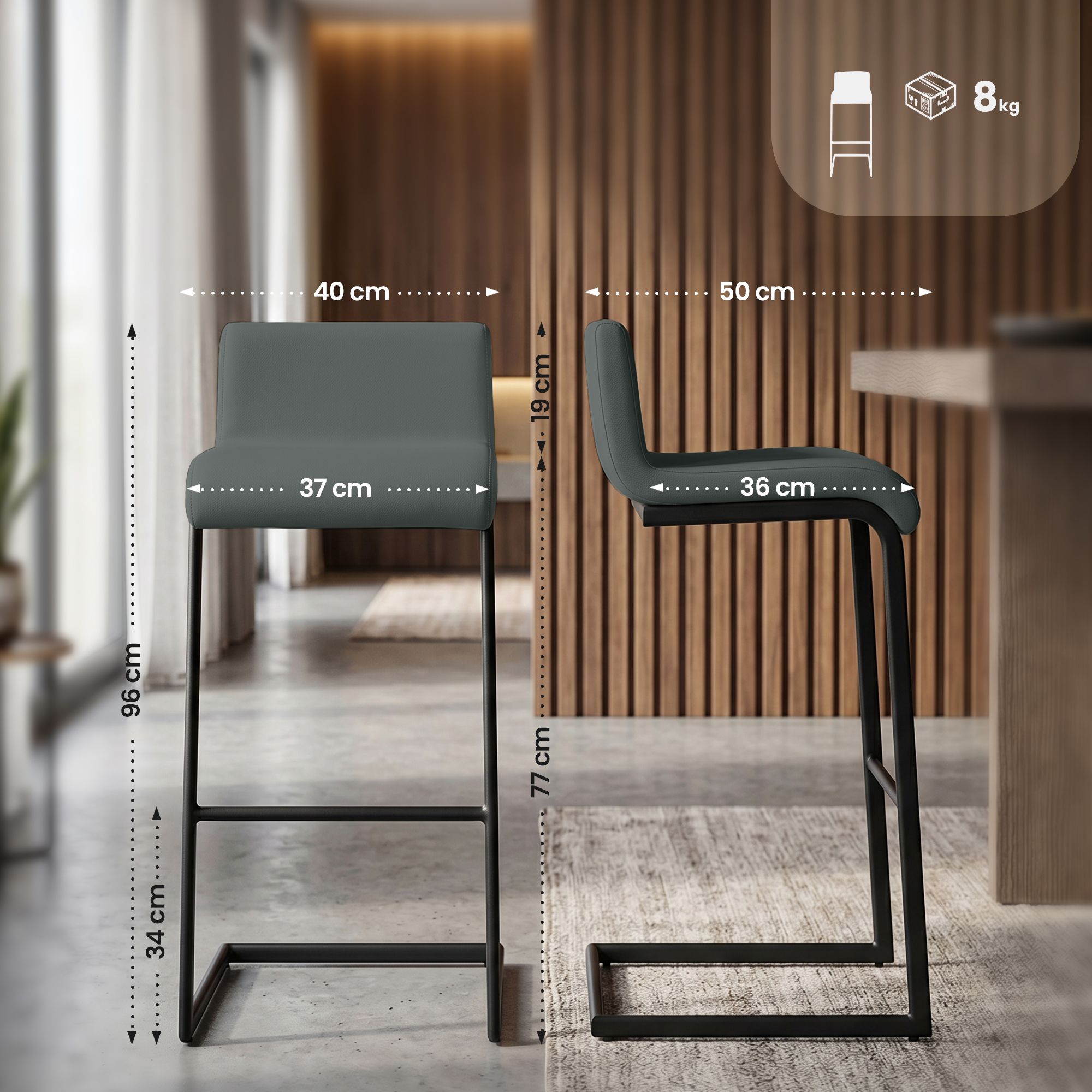 Set de 2 Taburetes de Bar Newport, Estructura de Metal Negro