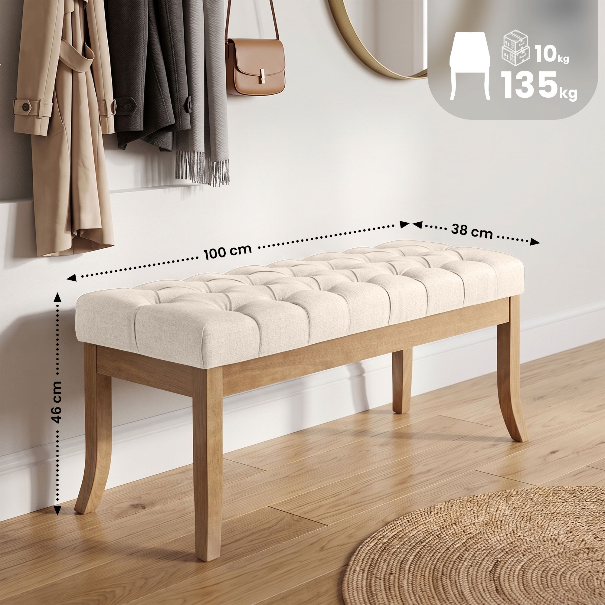 Banco Ramses tapizado en tela con estructura de madera clara