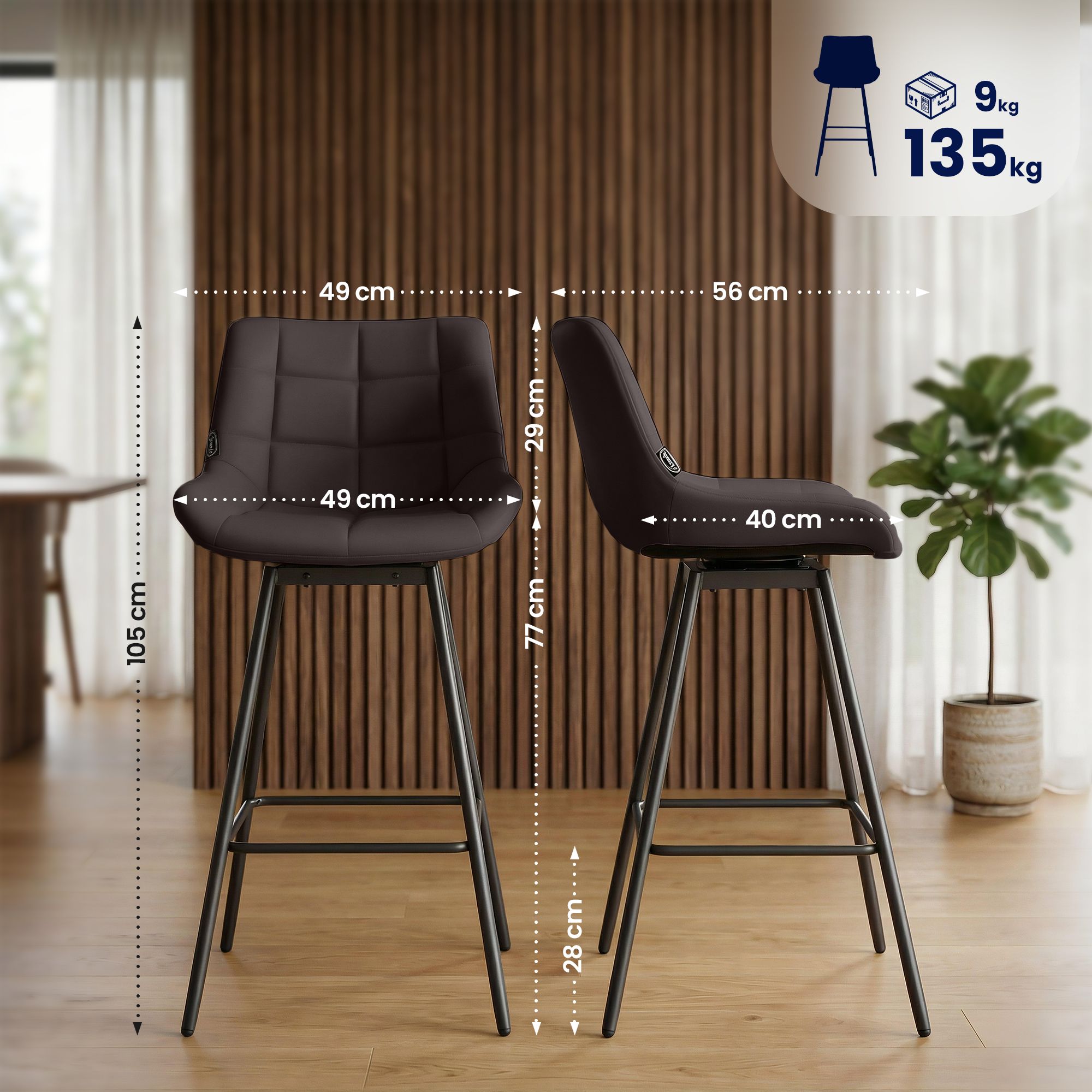 Taburete de Bar Weston Giratorio 180 grados | Taburete Alto con Respaldo y Asiento Acolchado