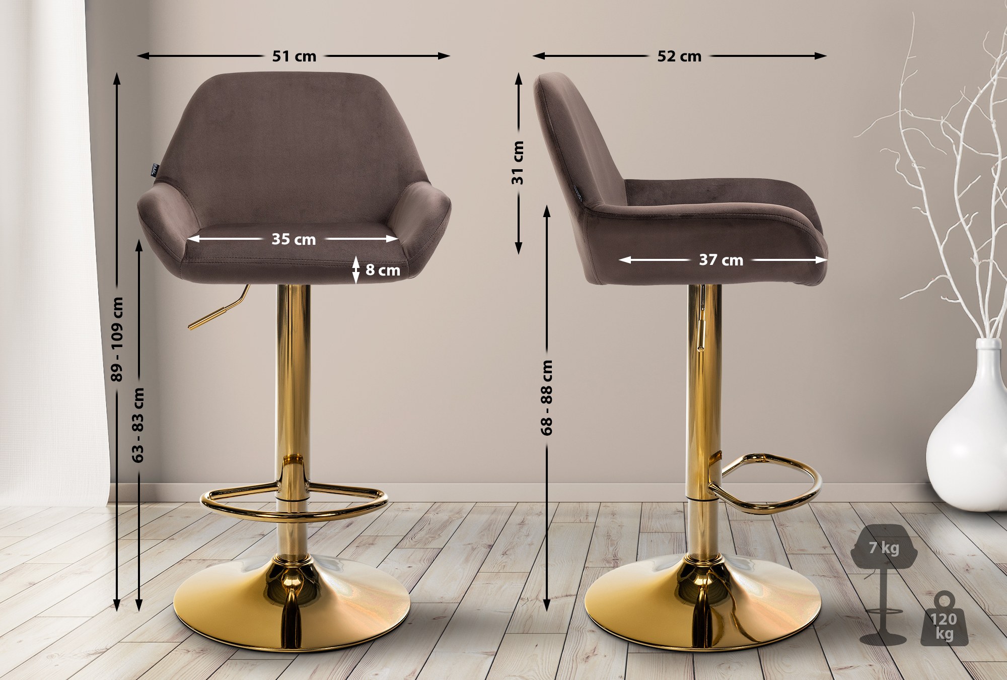 Set de 2 taburetes de bar Braga en terciopelo con marco dorado
