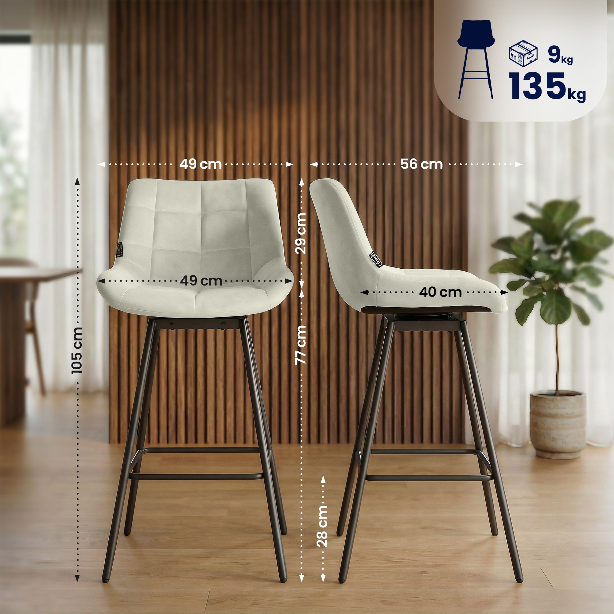 Taburete de Bar Weston Giratorio 180 grados | Taburete Alto con Respaldo y Asiento Acolchado