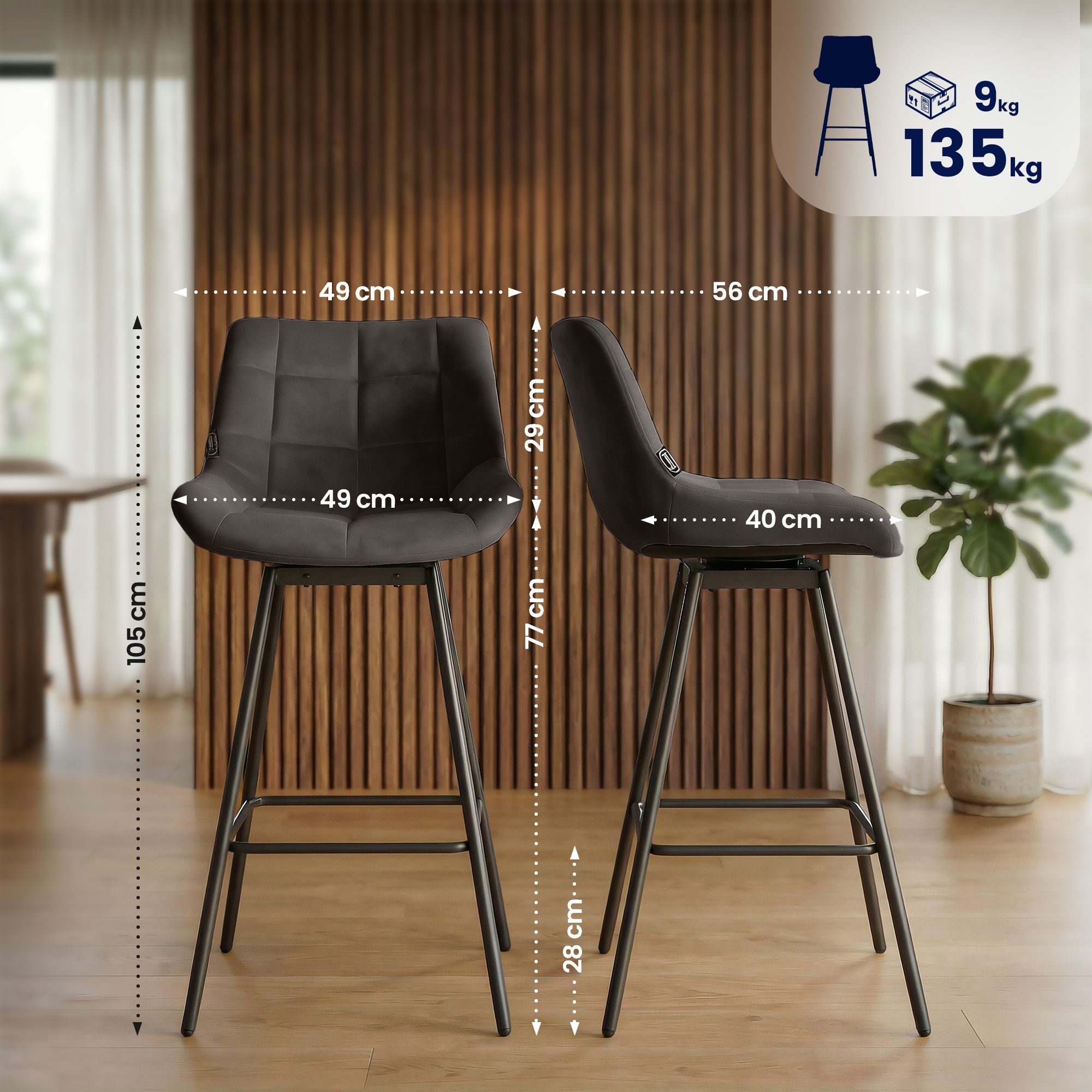 Taburete de Bar Weston Giratorio 180 grados | Taburete Alto con Respaldo y Asiento Acolchado