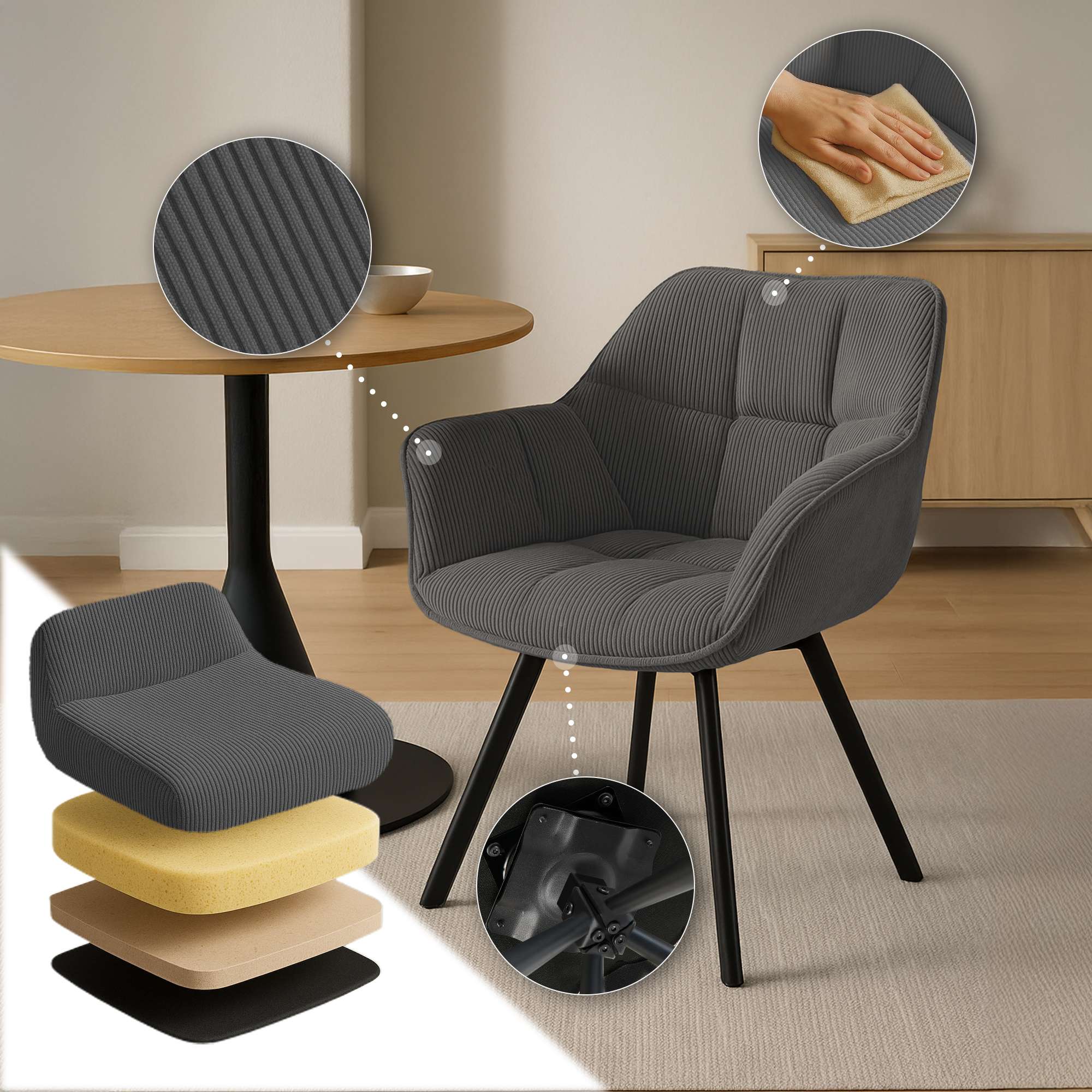 Silla de comedor Jordi con tapizado de pana
