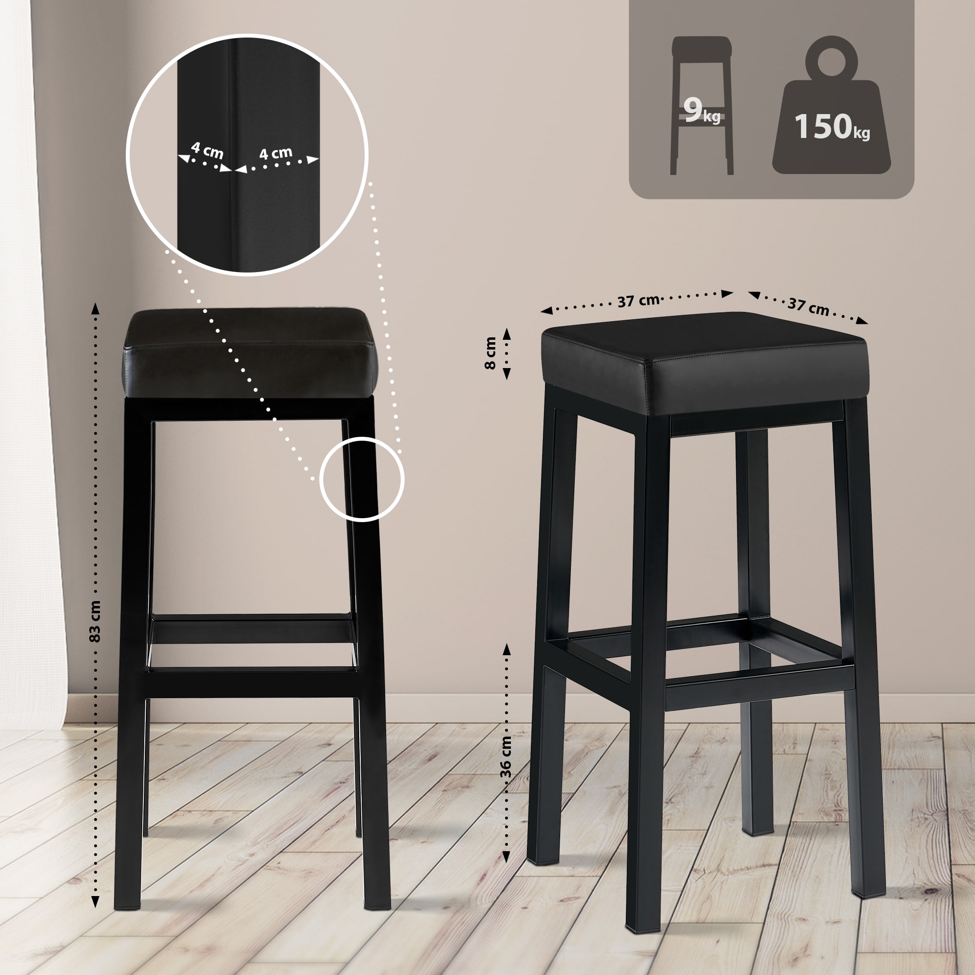 Taburete de bar Taylor Altura del asiento 83 cm Estructura de metal negro