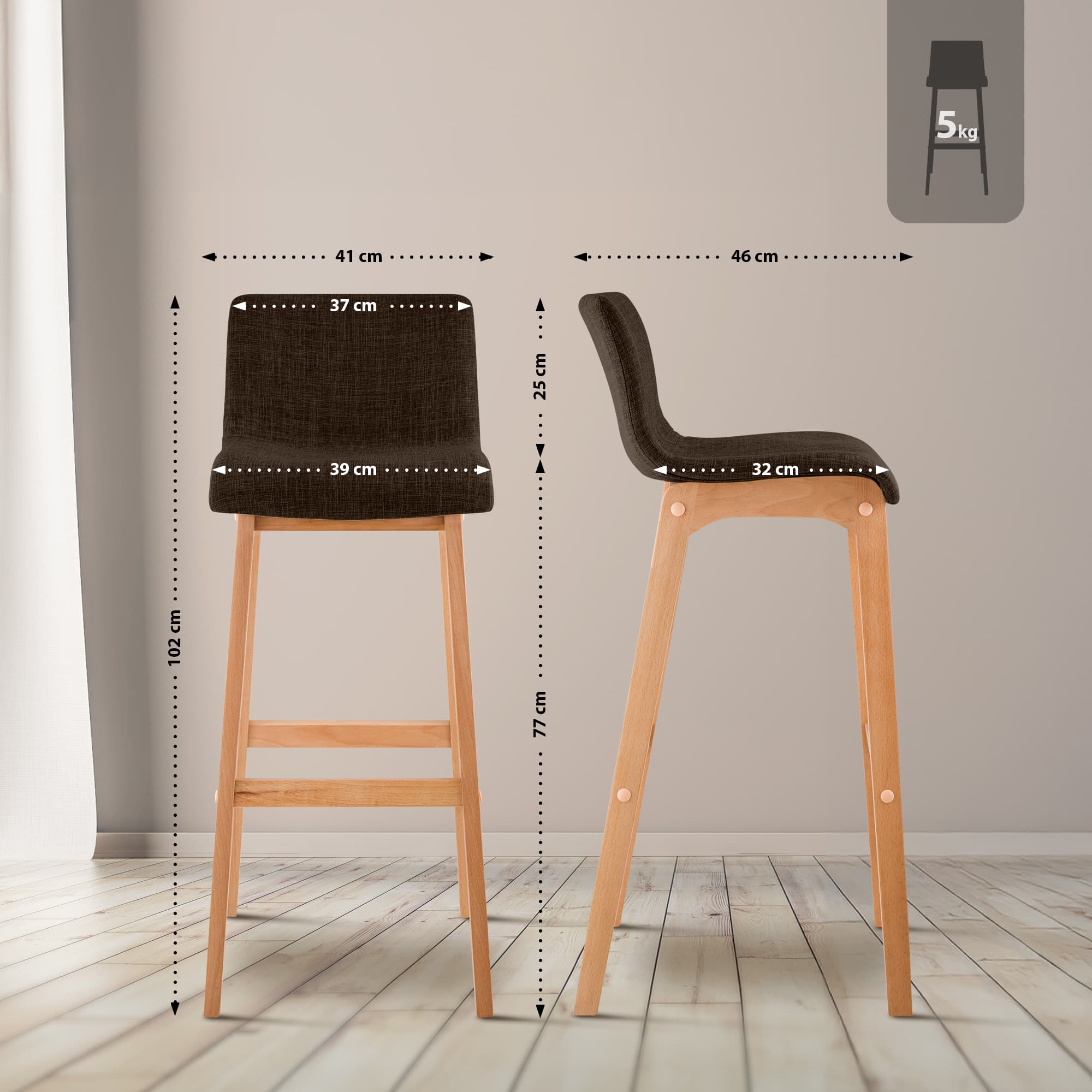 Juego de 2 taburetes de bar Hover, asiento de tela, patas de madera de haya natural