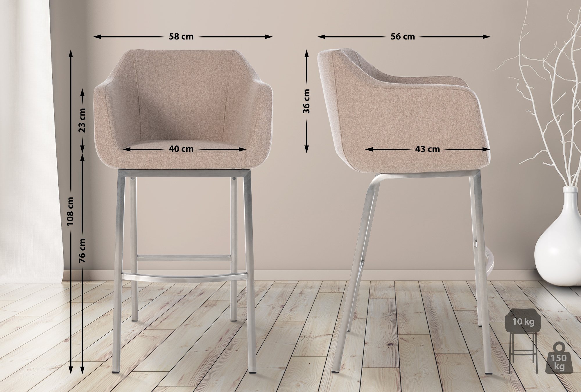 Taburete de bar Monea en fieltro & base de 4 patas