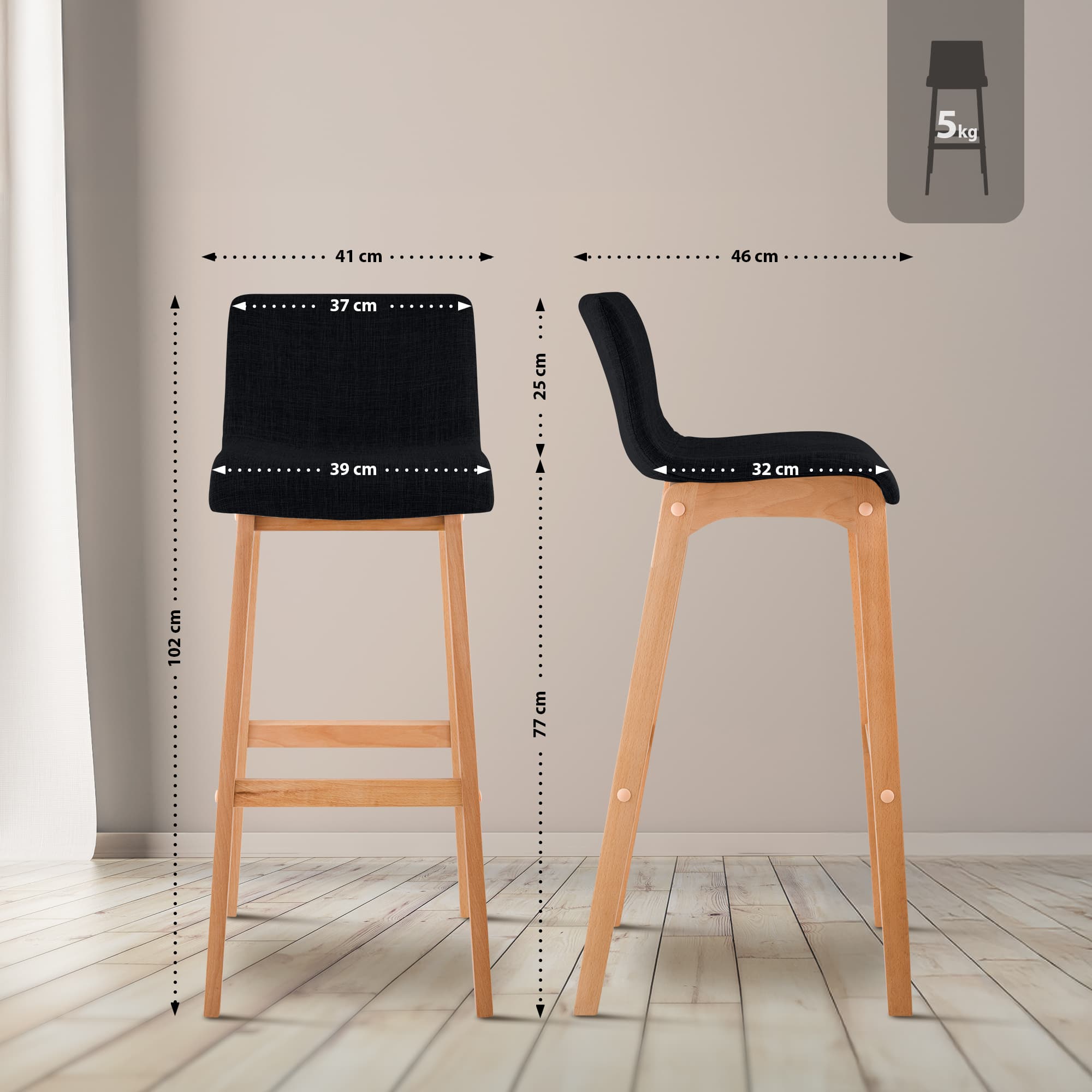 Juego de 2 taburetes de bar Hover, asiento de tela, patas de madera de haya natural
