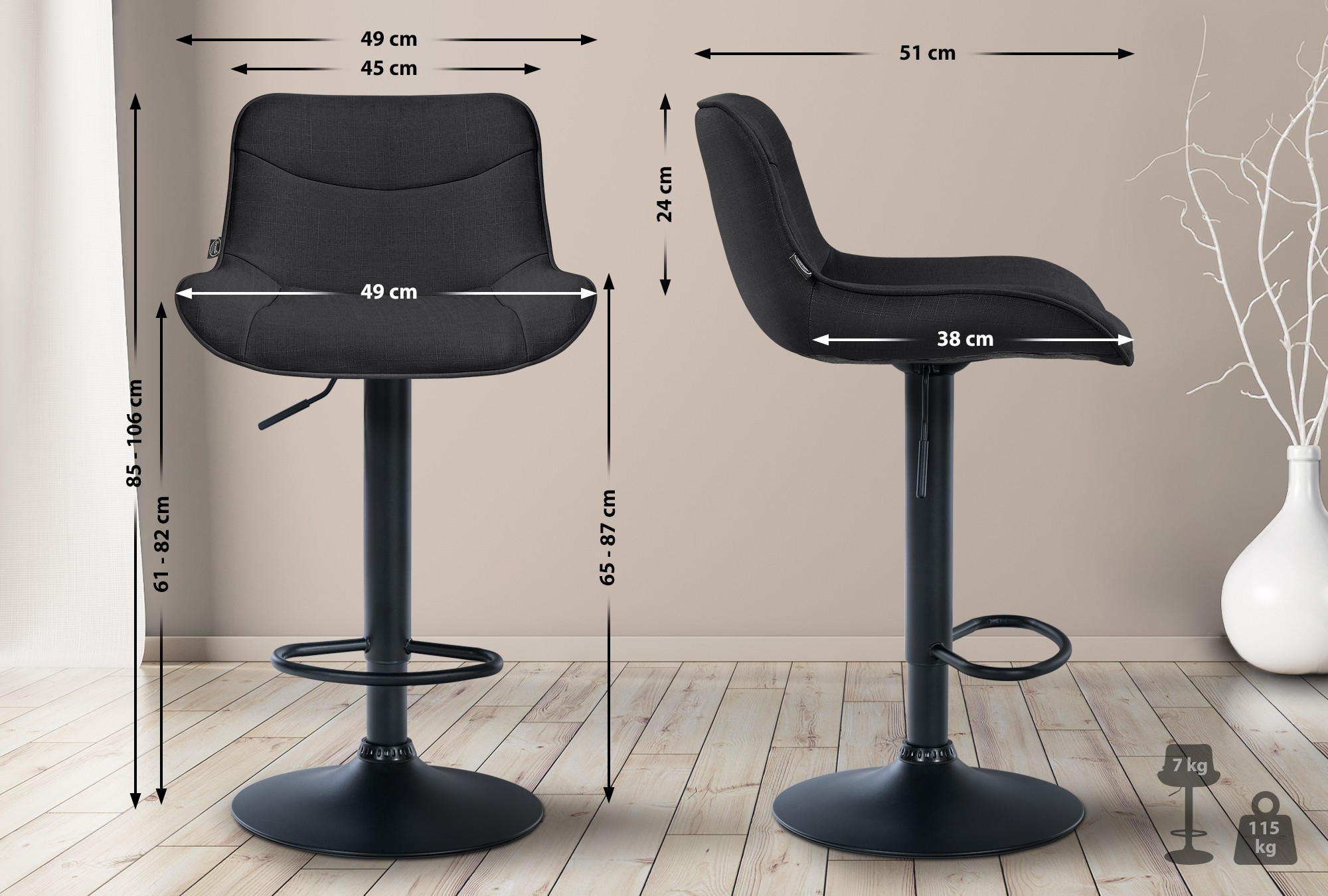Juego de 2 taburetes de bar Vonore en tela