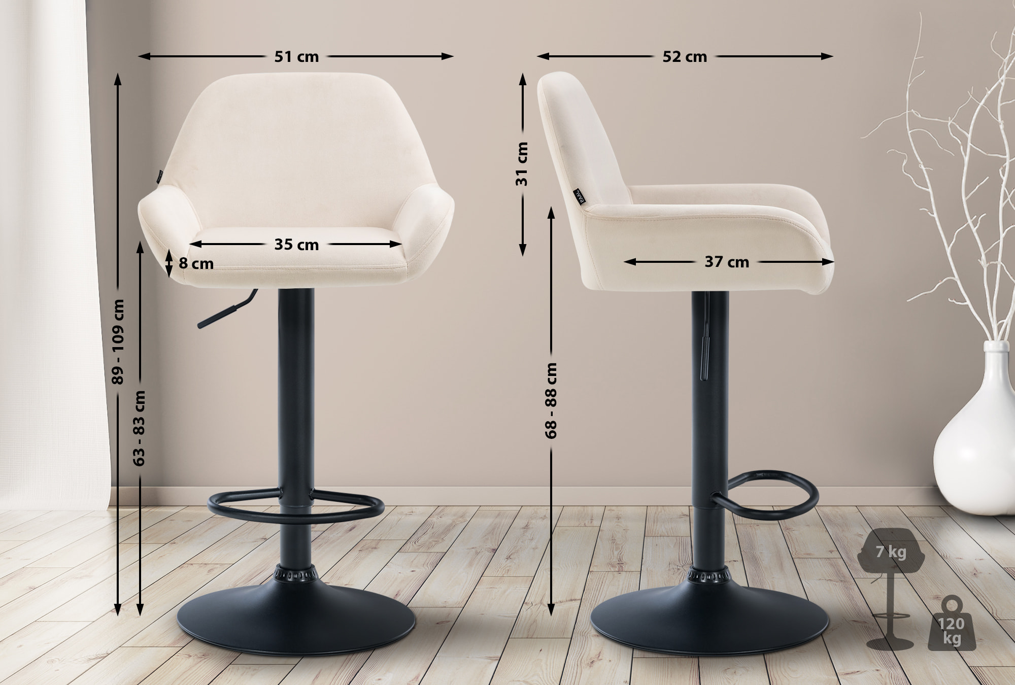 Set de 2 Taburetes de cocina Braga en terciopelo