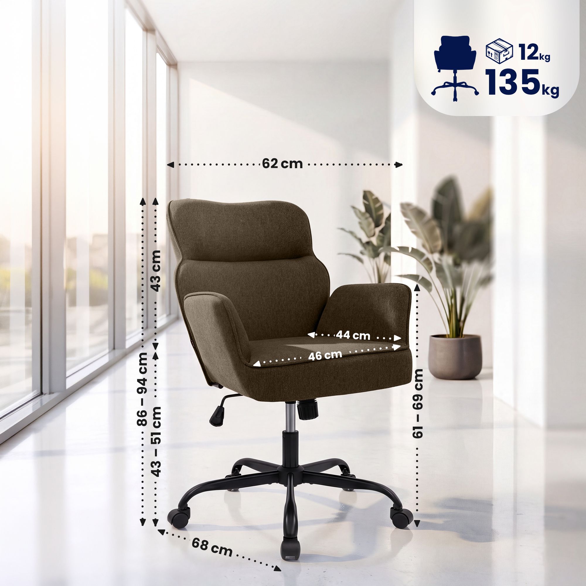 Silla de oficina Amado con tapizado en tela