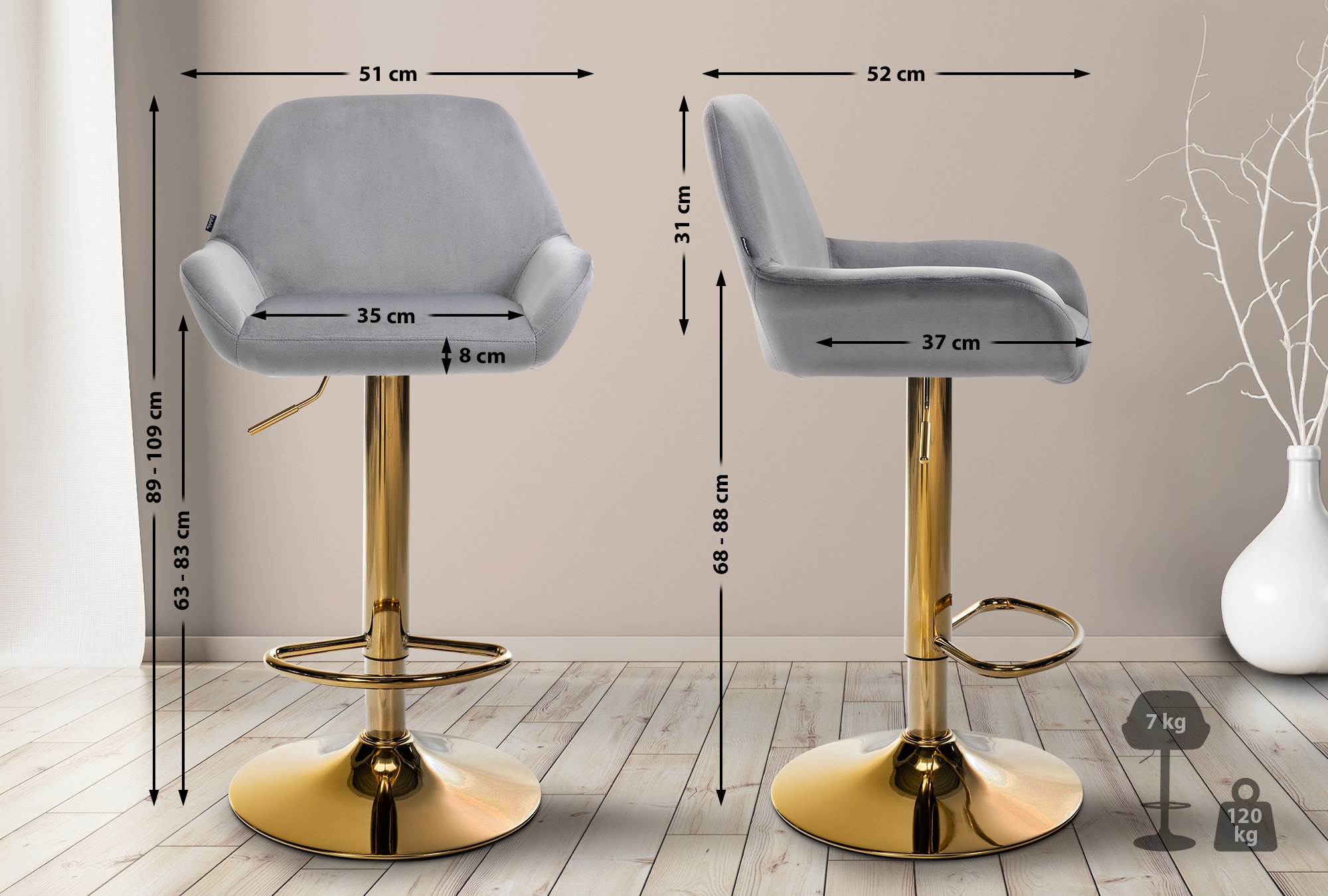 Taburete de bar Braga en terciopelo con marco dorado