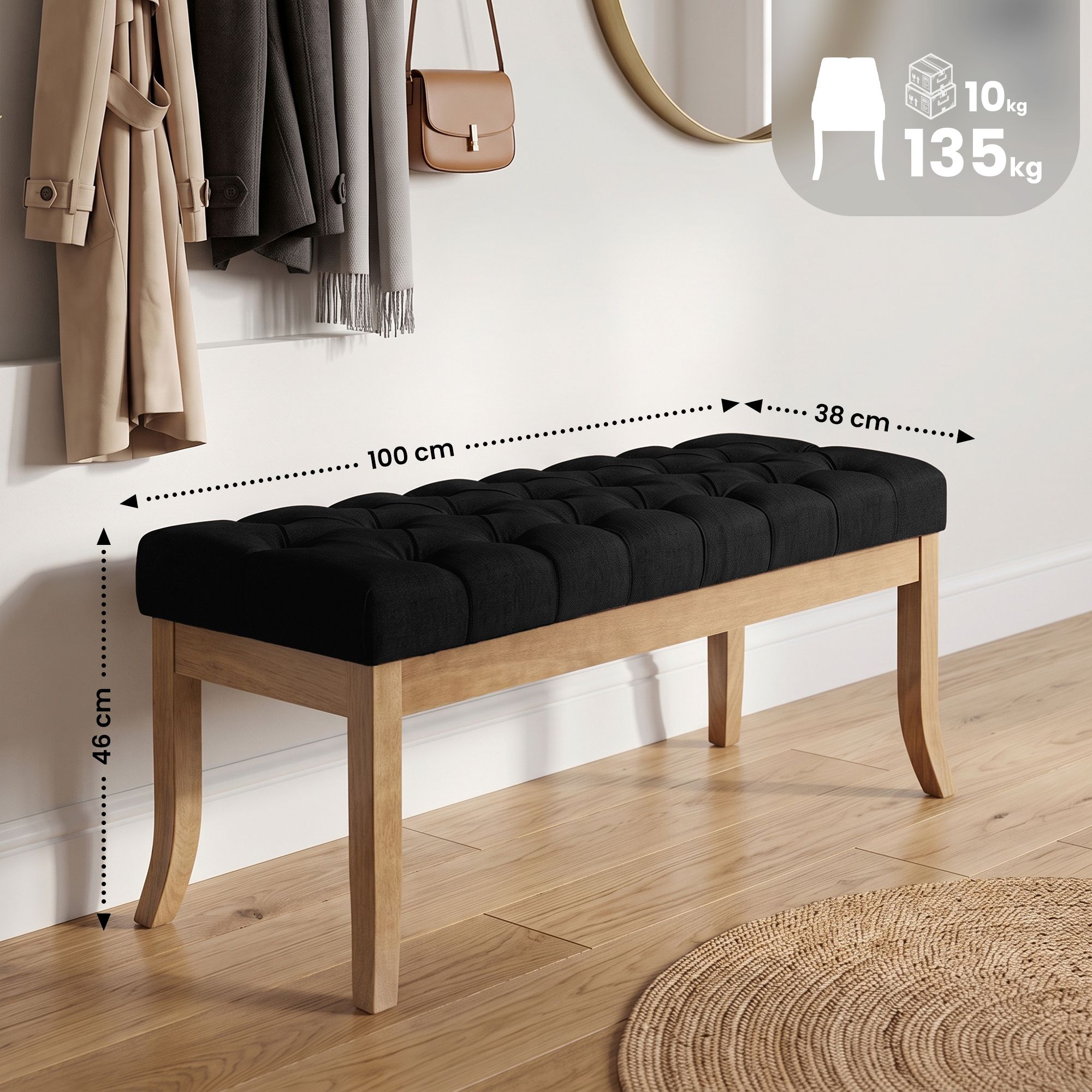 Banco Ramses tapizado en tela con estructura de madera clara