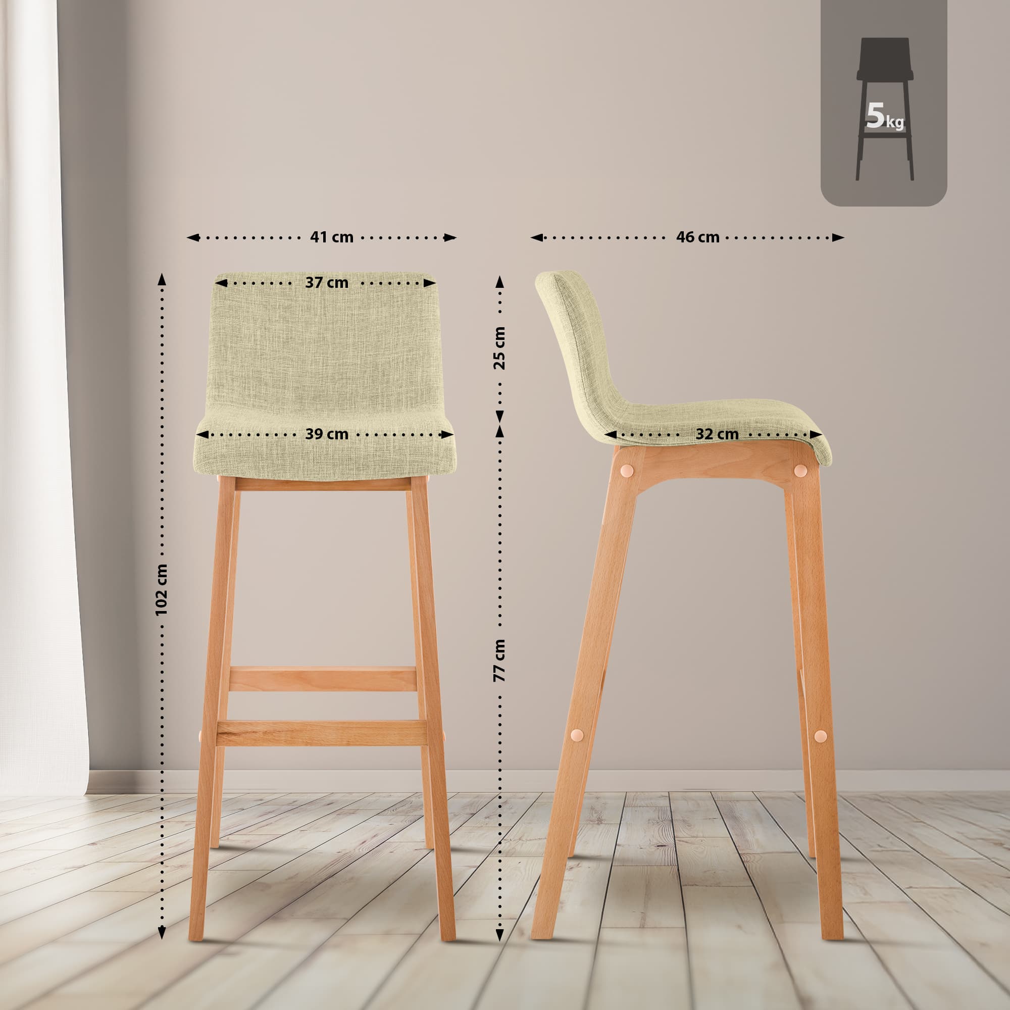 Juego de 2 taburetes de bar Hover, asiento de tela, patas de madera de haya natural