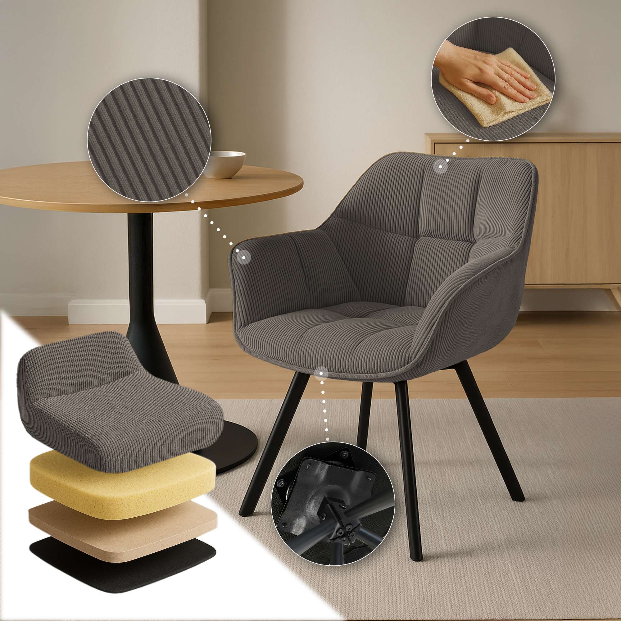 Silla de comedor Jordi con tapizado de pana