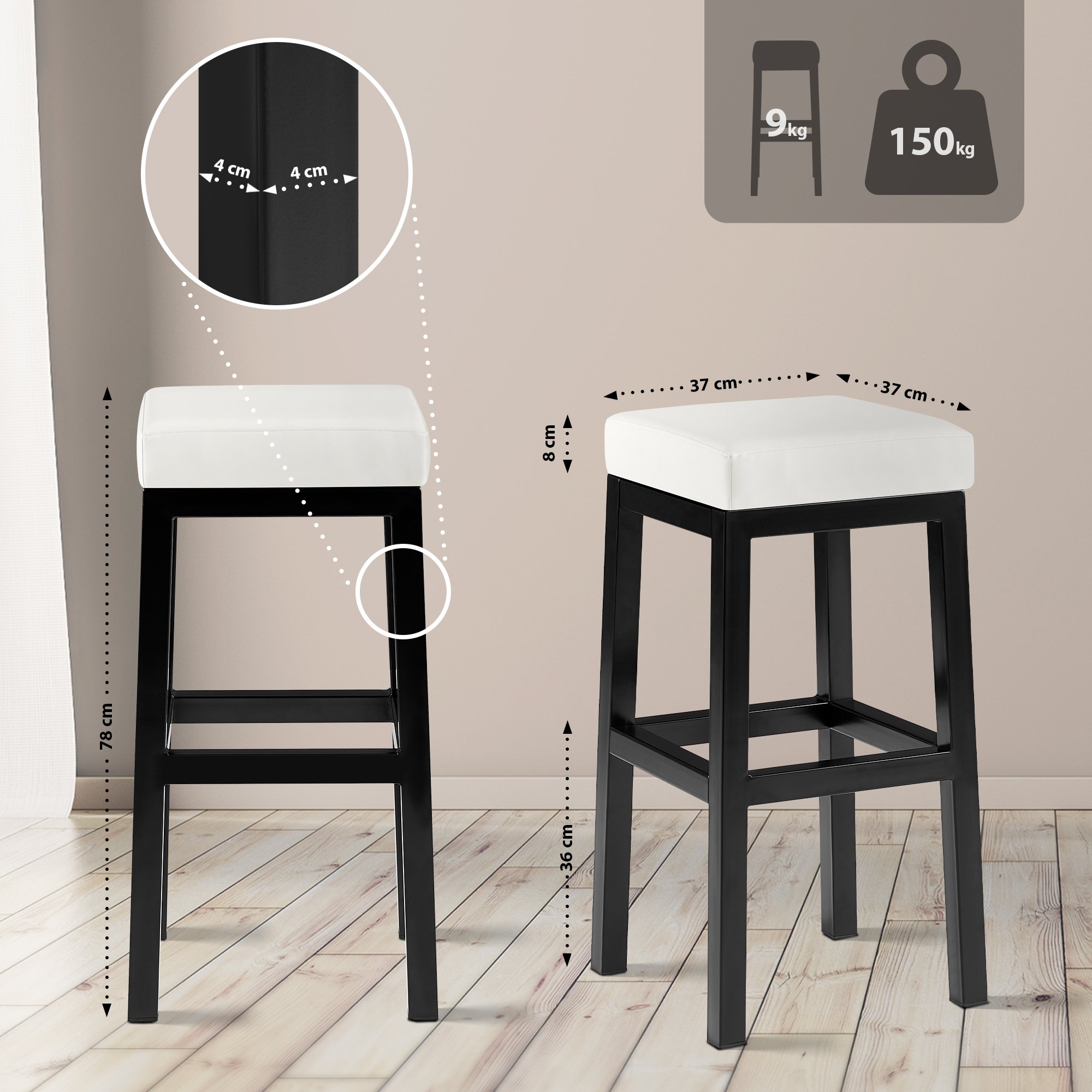 Taburete de bar Taylor Revestimiento de polipiel Altura del asiento 78 cm Estructura de metal negro