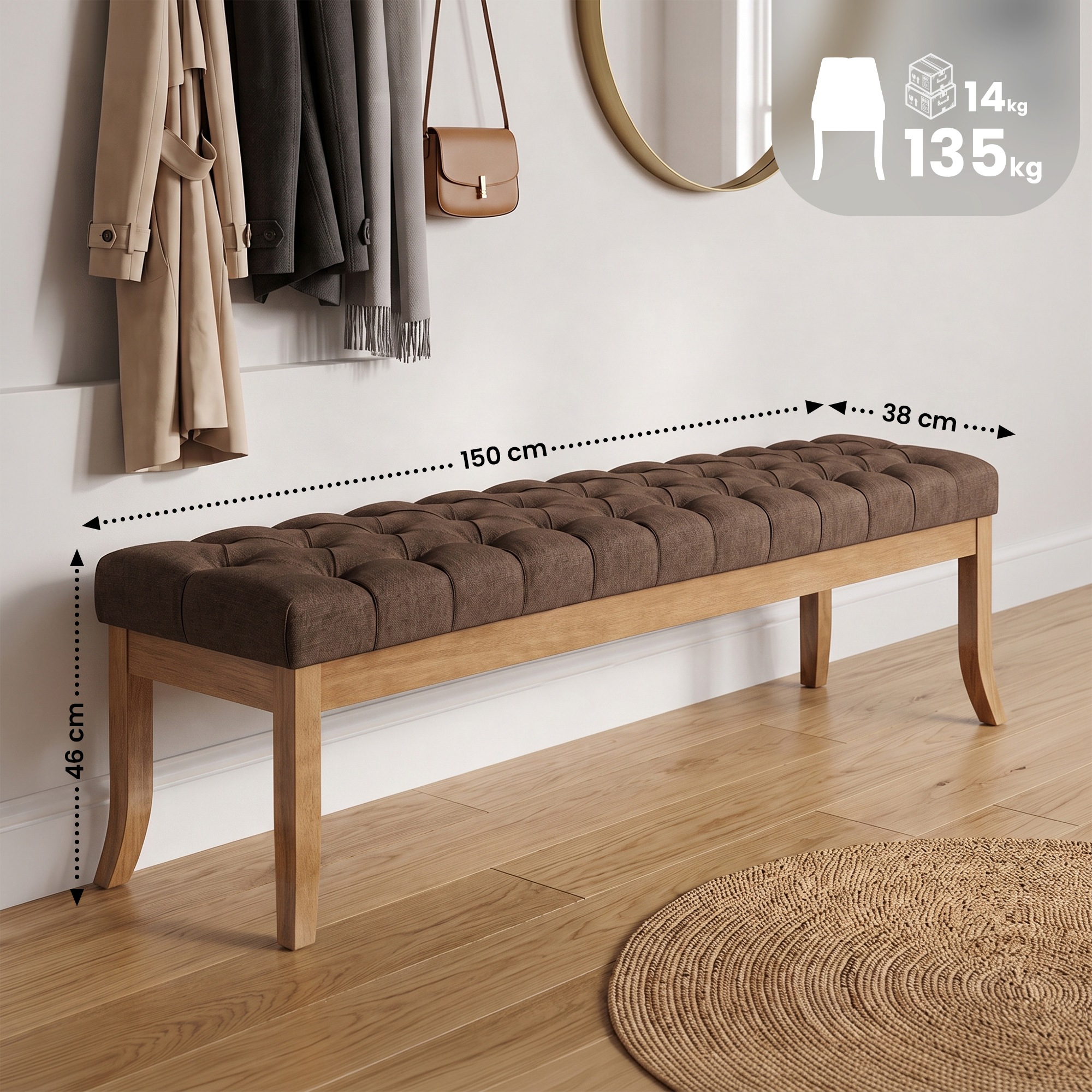 Banco Ramses tapizado en tela con estructura de madera clara
