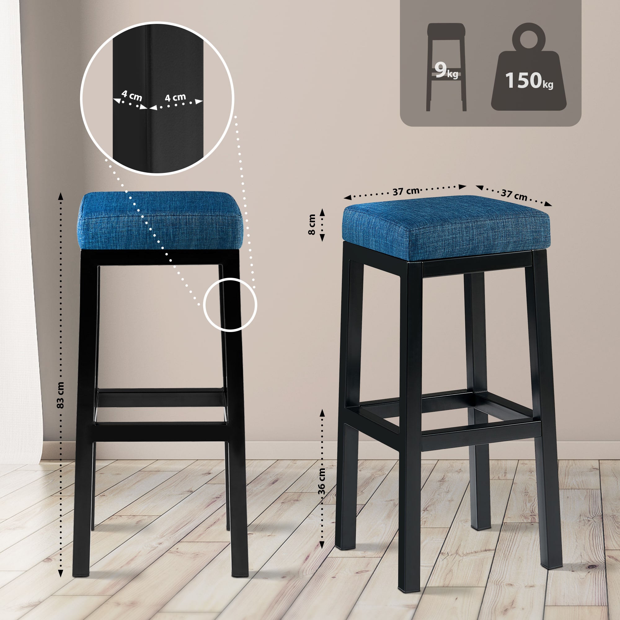 Taburete de bar Taylor Altura del asiento 83 cm Estructura de metal negro