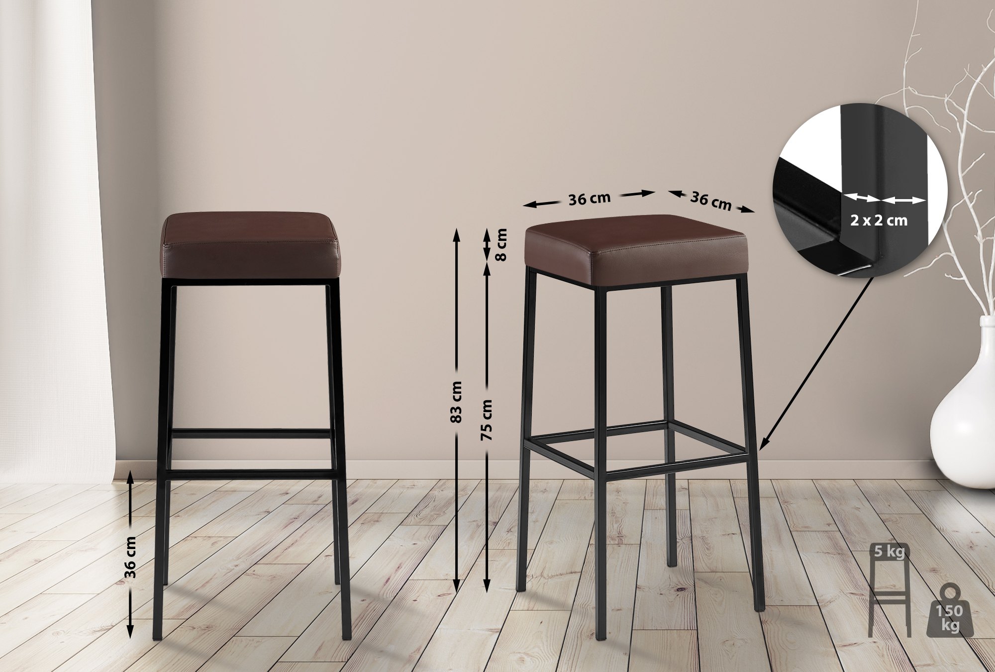 Juego de 2 taburetes de bar Montreal con funda de cuero sintético