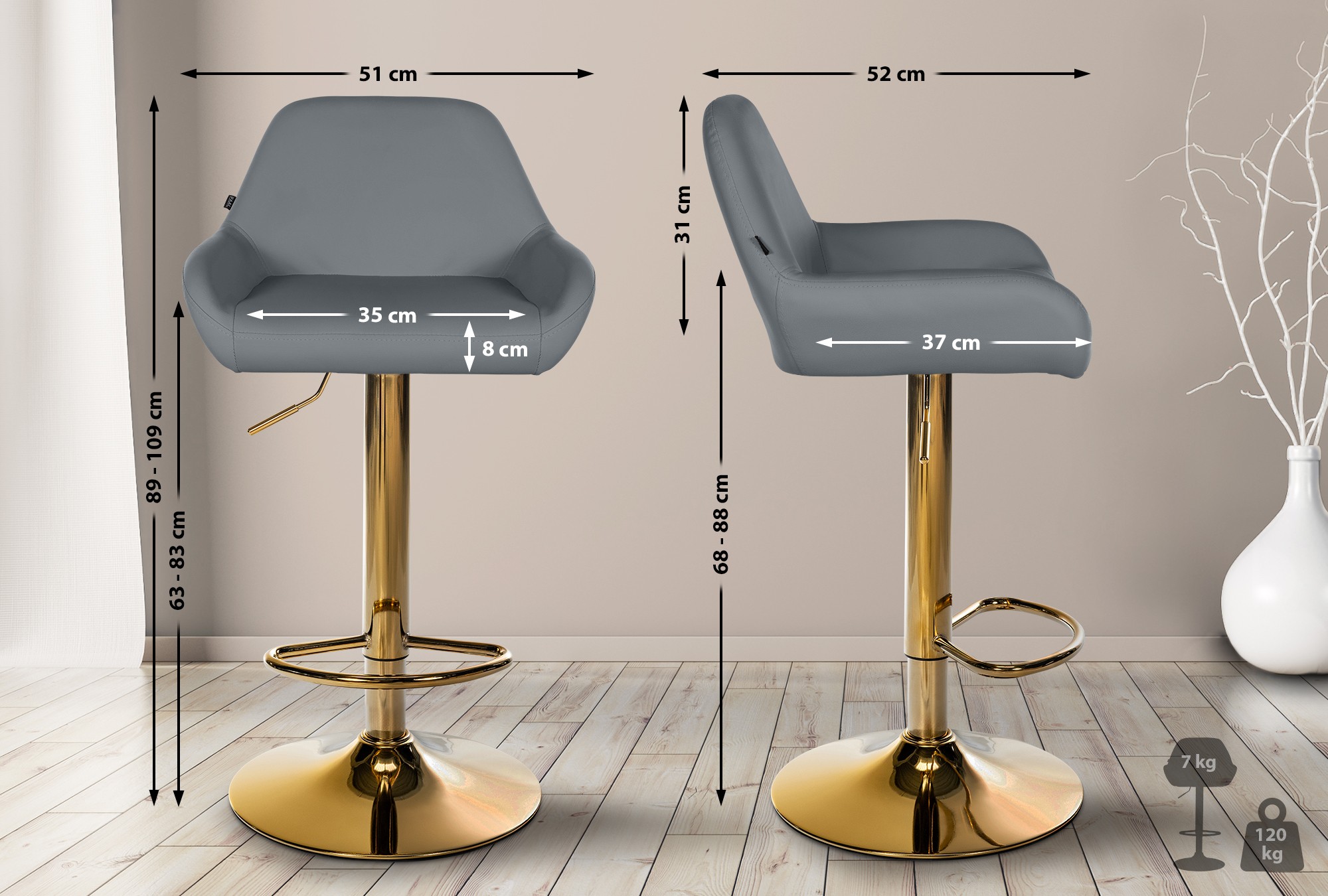 Set de 2 taburetes de bar Braga en polipiel con base dorada