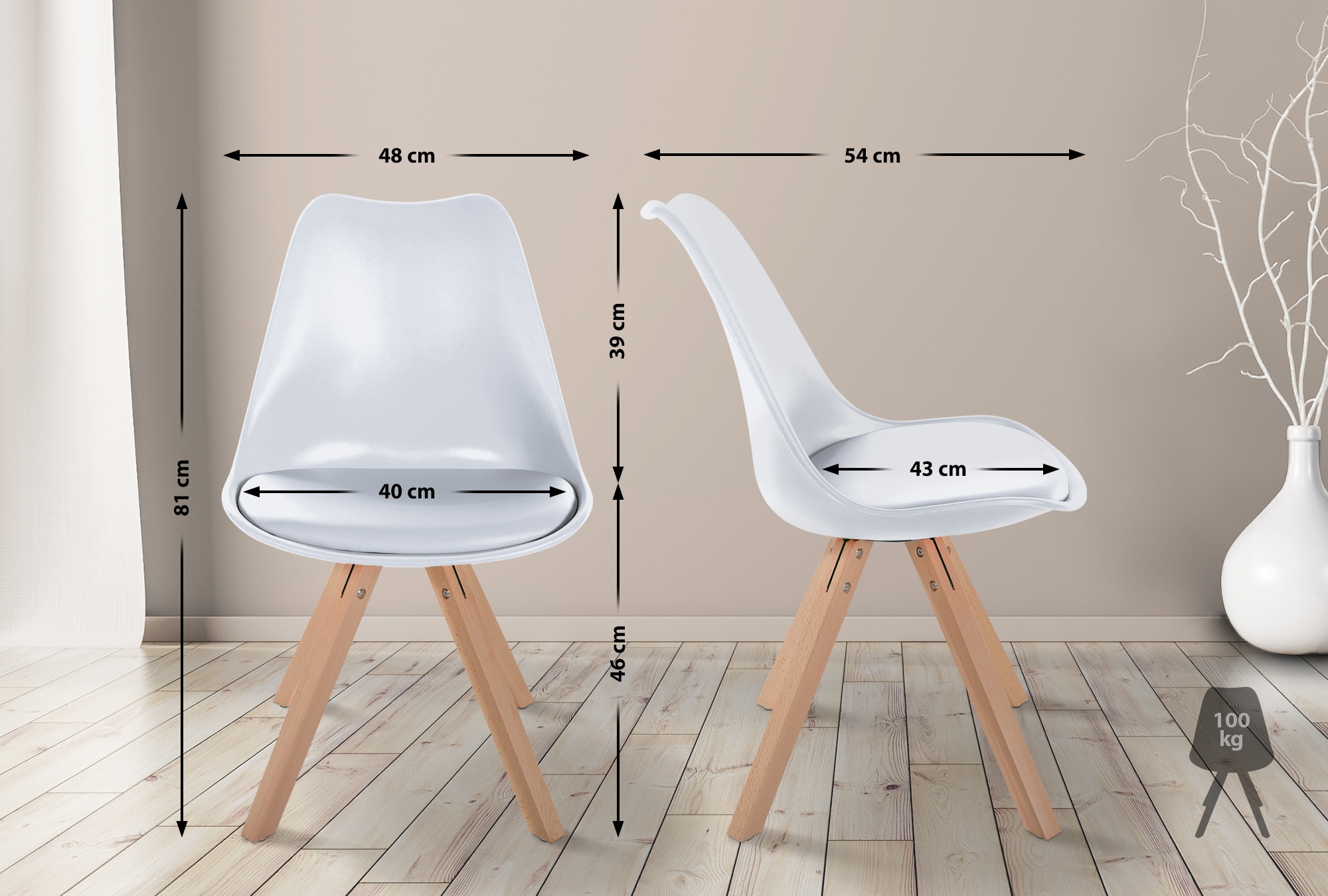 Set de 4 sillas de comedor Sofia con base de madera y asiento en polipiel