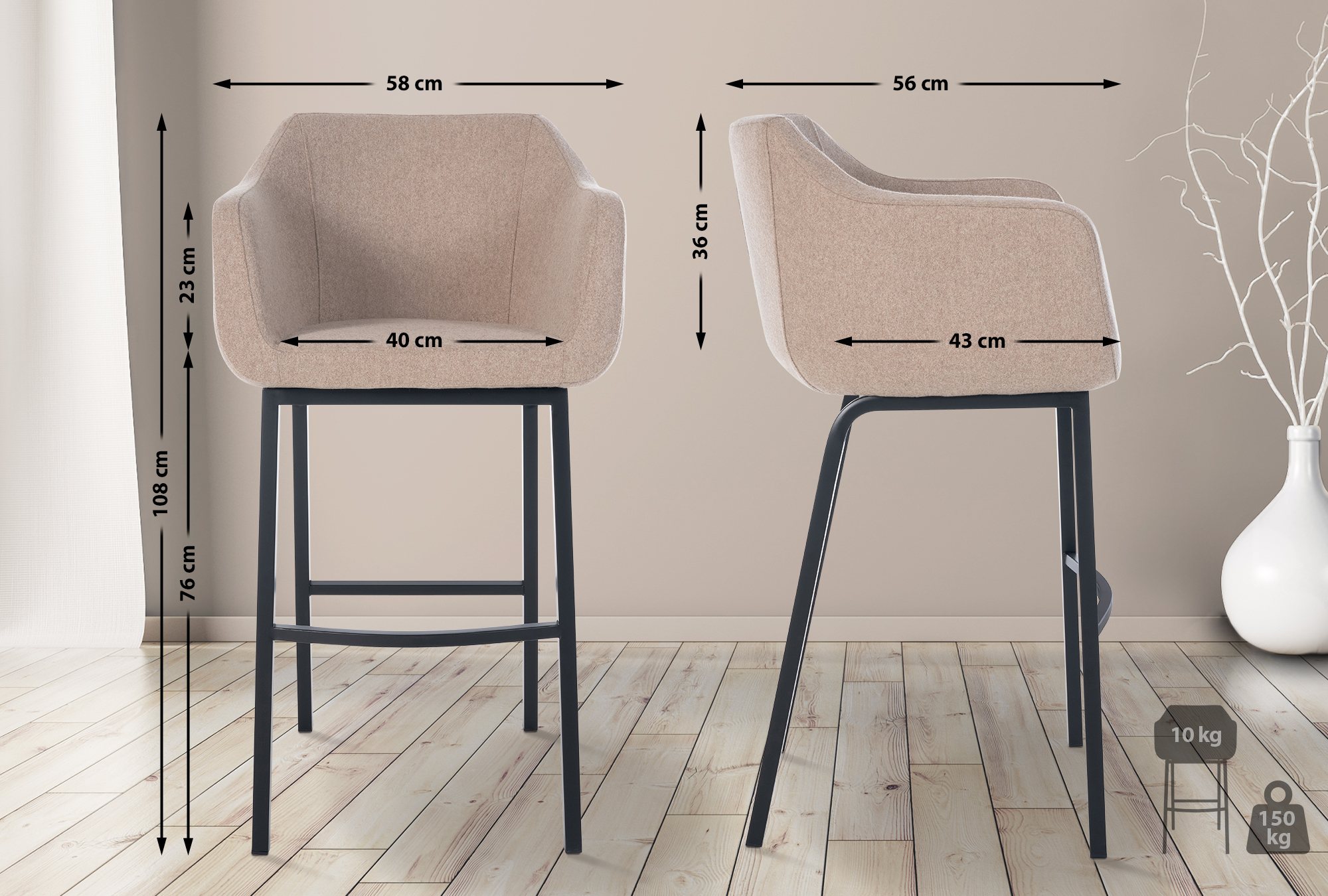 Taburete de bar Monea en fieltro & base de 4 patas