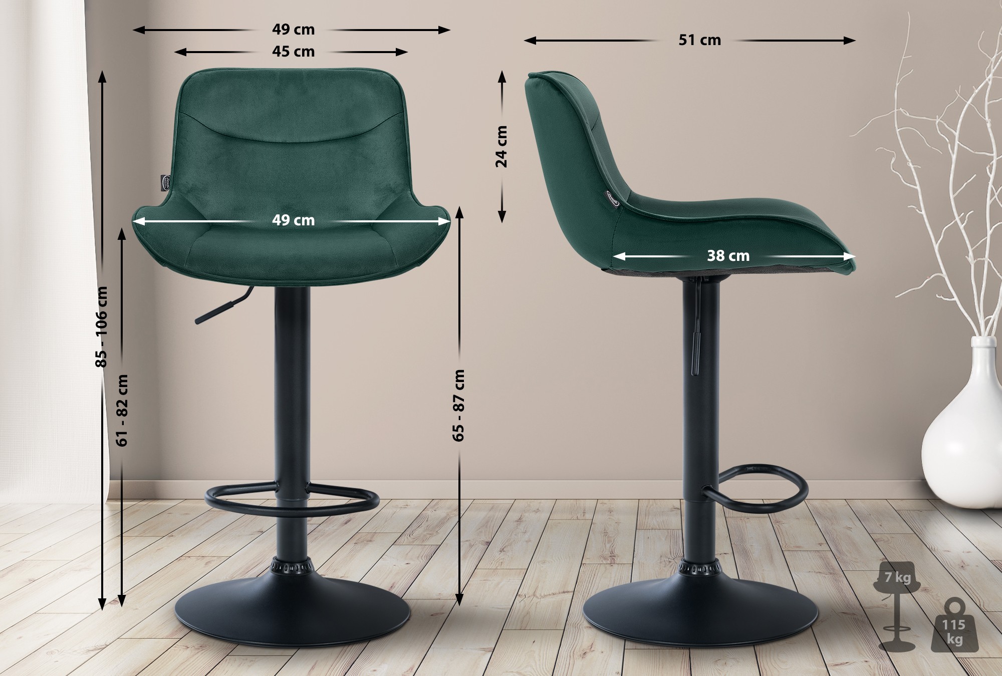 Juego de 2 taburetes de bar Vonore en terciopelo
