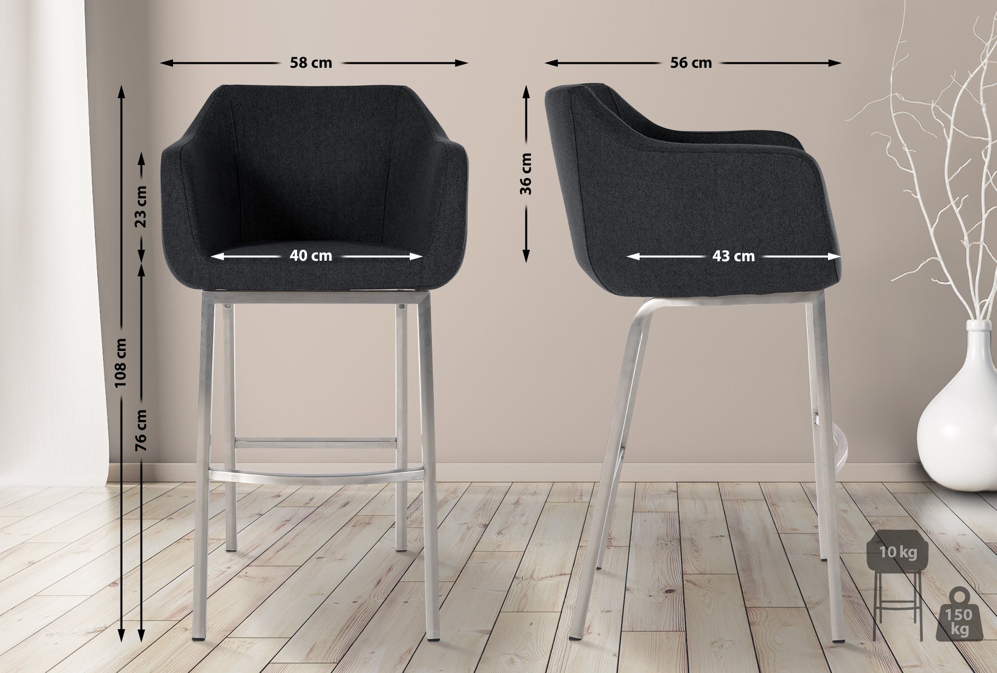 Taburete de bar Monea en fieltro & base de 4 patas
