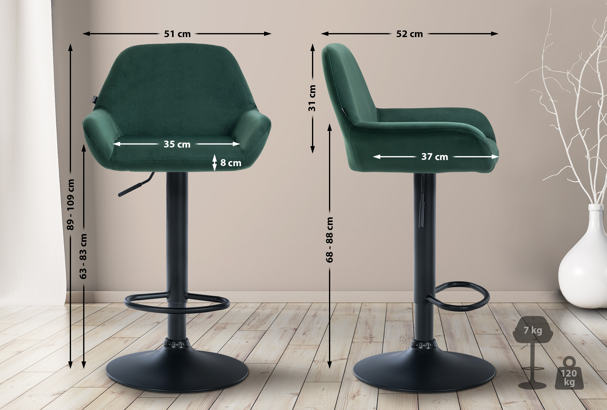 Set de 2 Taburetes de cocina Braga en terciopelo