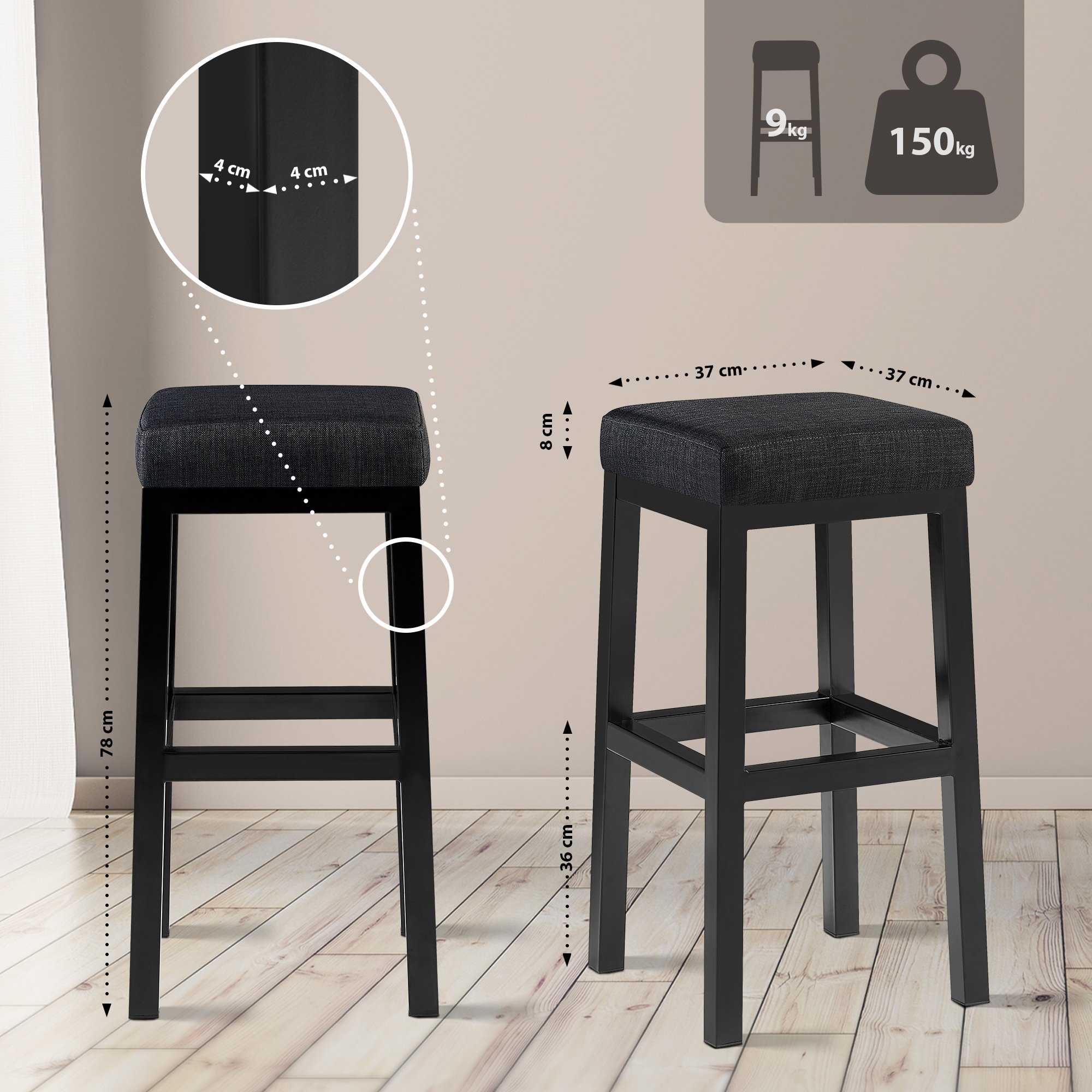 Taburete de bar Taylor Funda de tela Altura del asiento 78 cm Estructura de metal negro