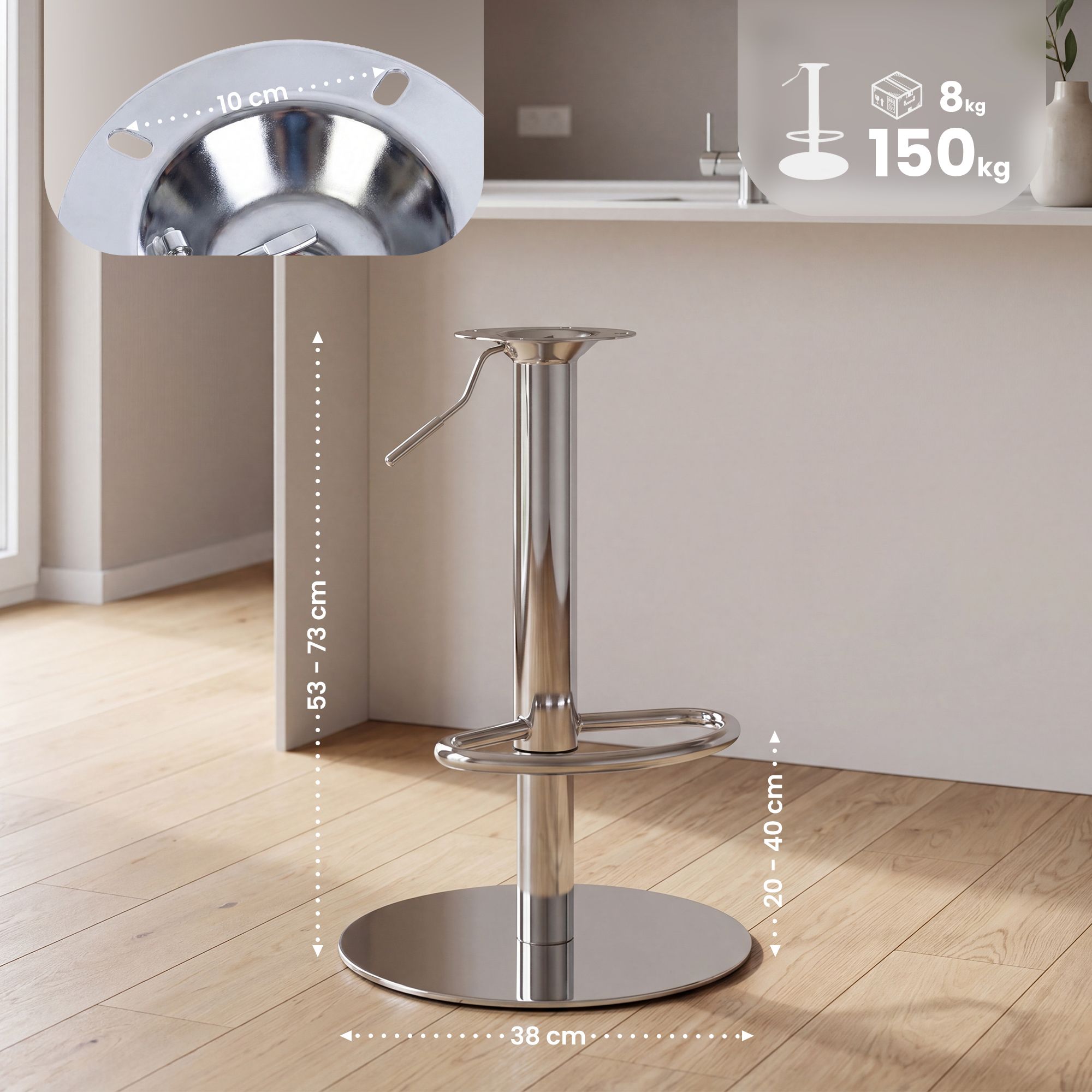 Estructura de repuesto para taburete de bar hasta 150 kg, distancia entre orificios 10 x 10 cm