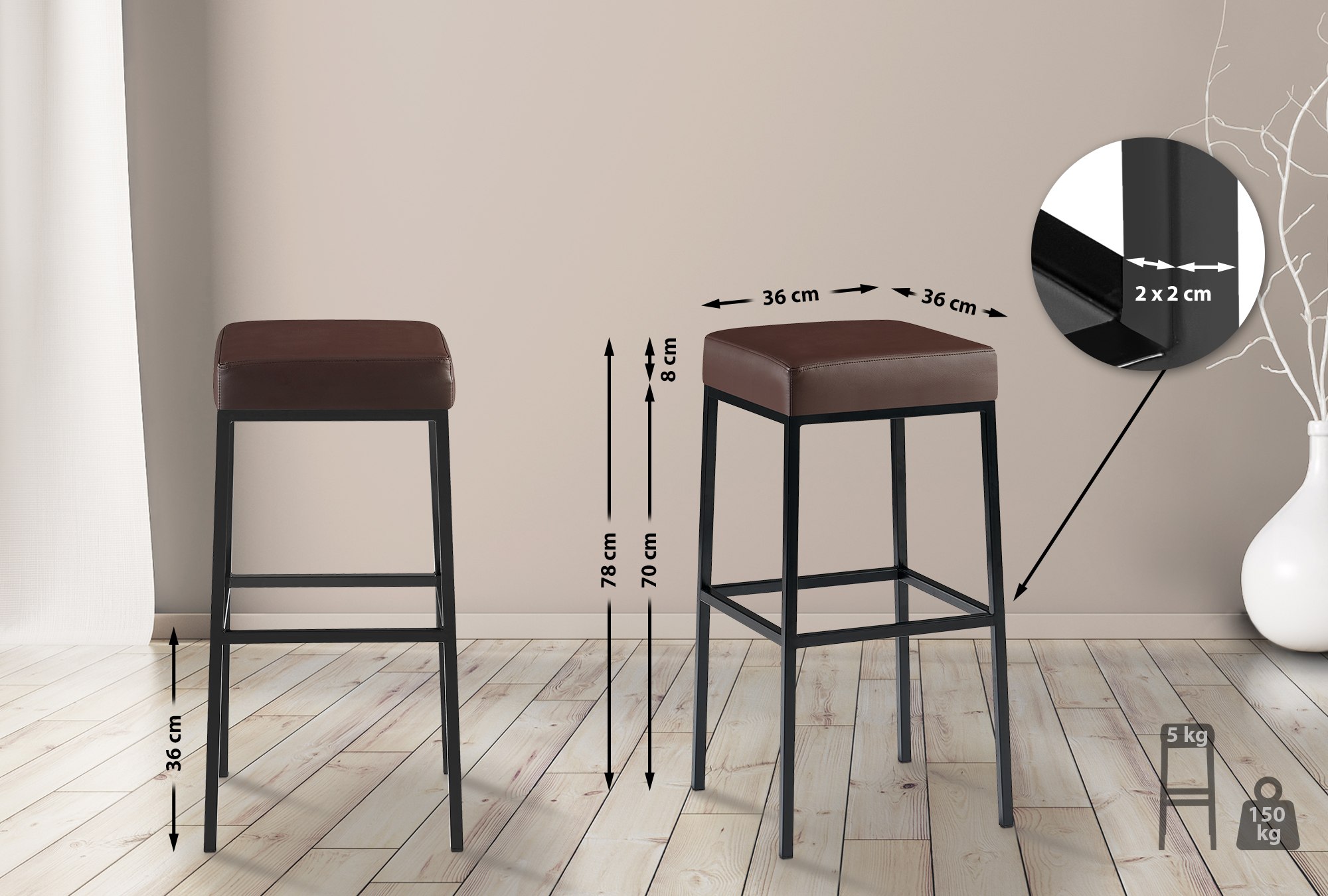 Juego de 2 taburetes de bar Montreal con funda de cuero sintético