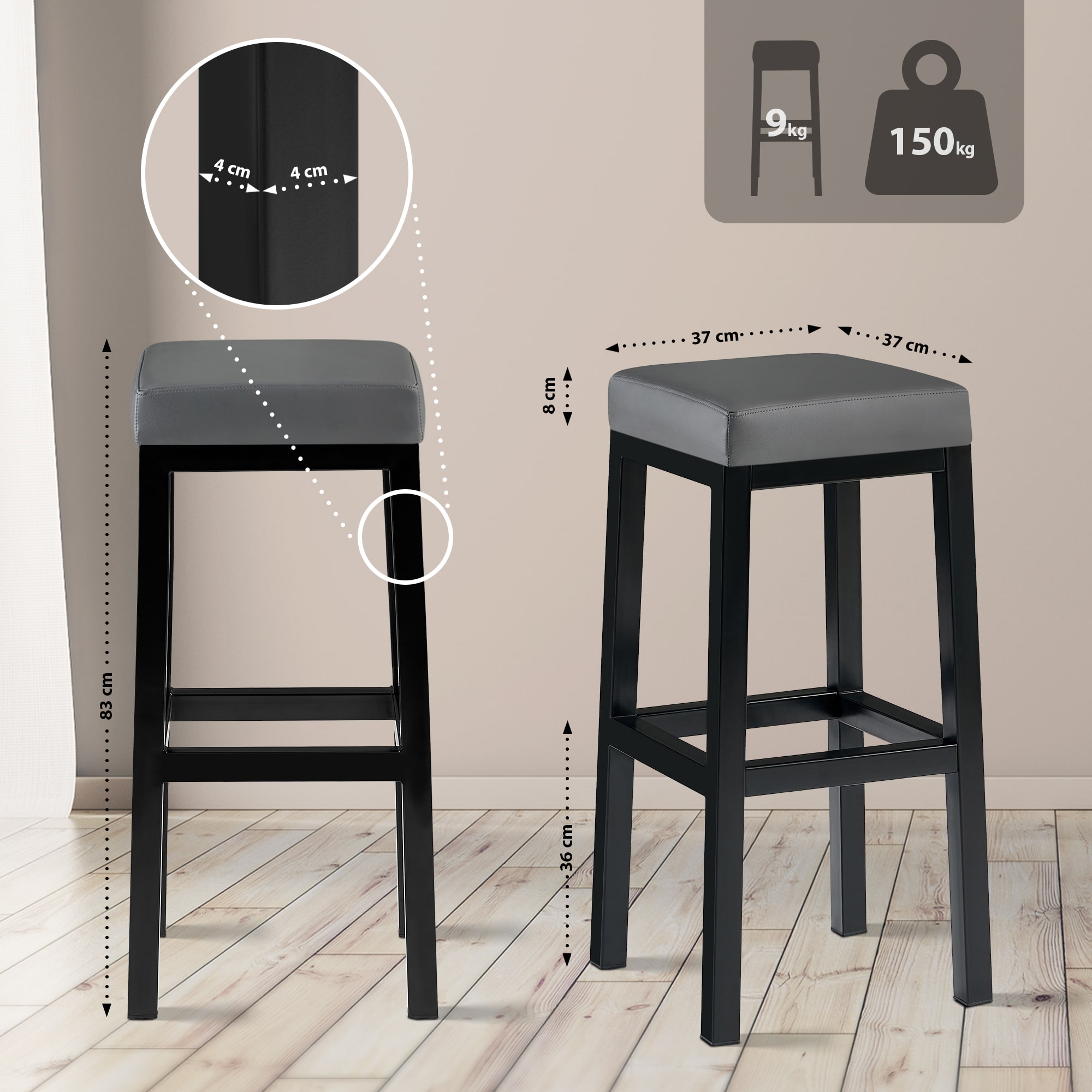 Taburete de bar Taylor Altura del asiento 83 cm Estructura de metal negro