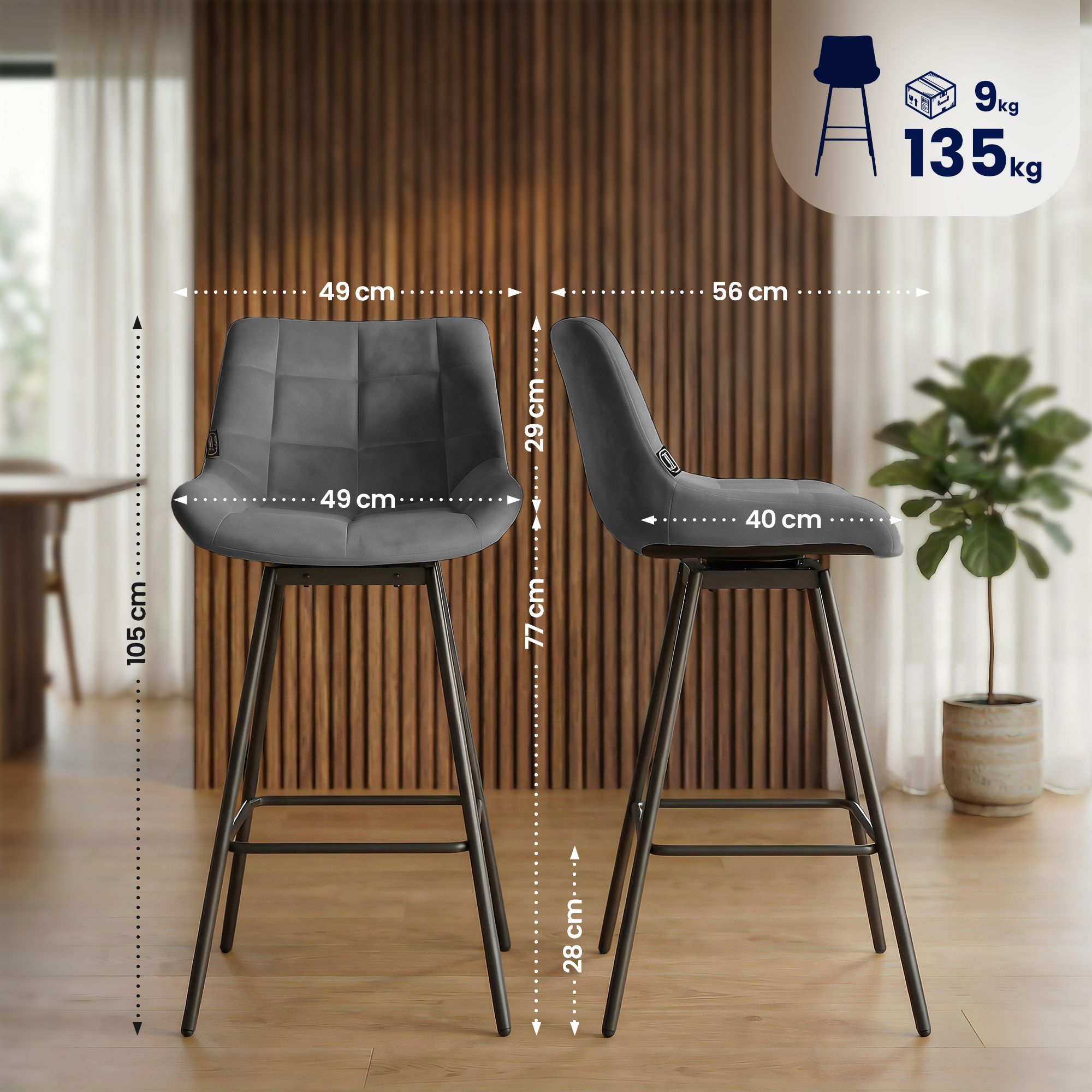 Taburete de Bar Weston Giratorio 180 grados | Taburete Alto con Respaldo y Asiento Acolchado