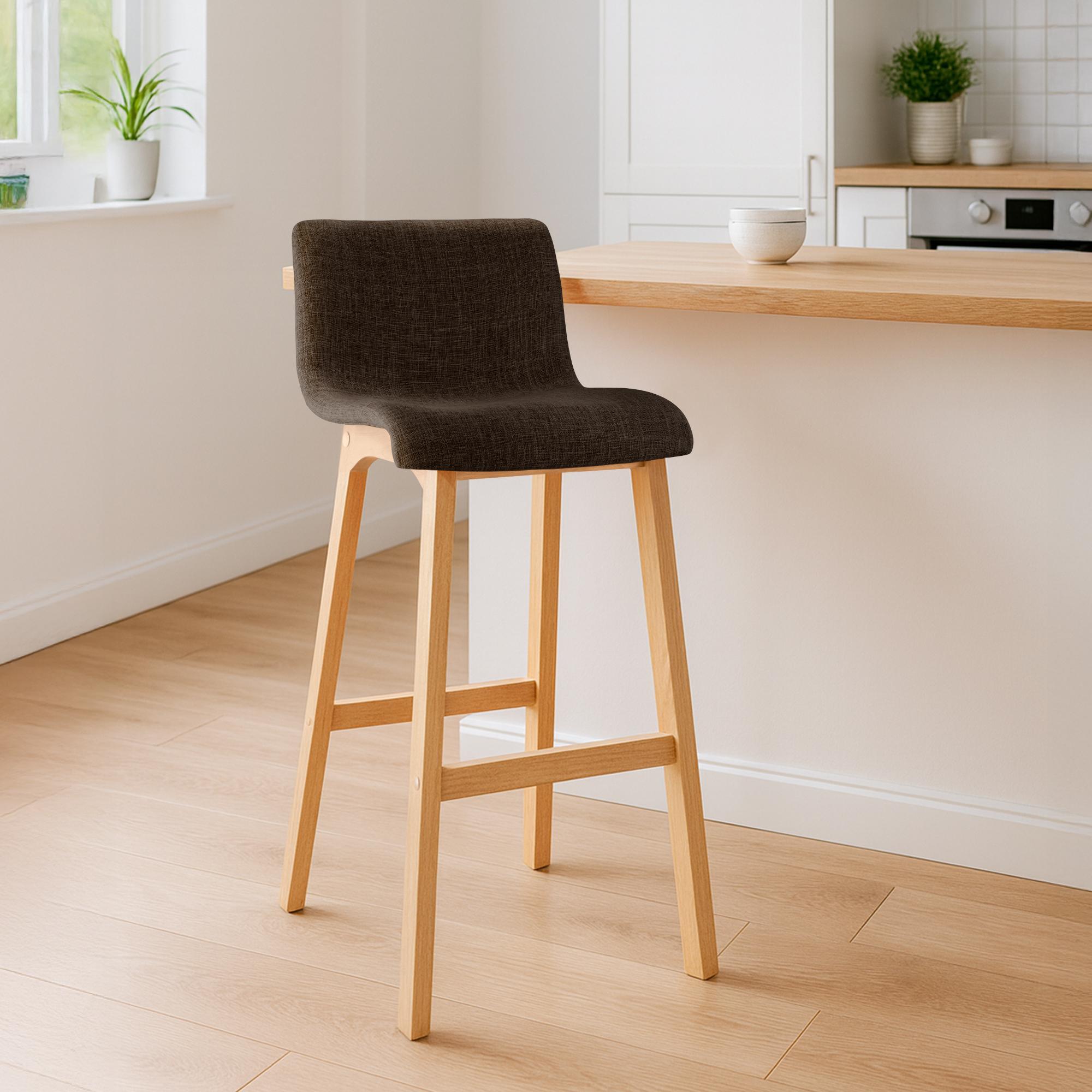 Juego de 2 taburetes de bar Hover, asiento de tela, patas de madera de haya natural