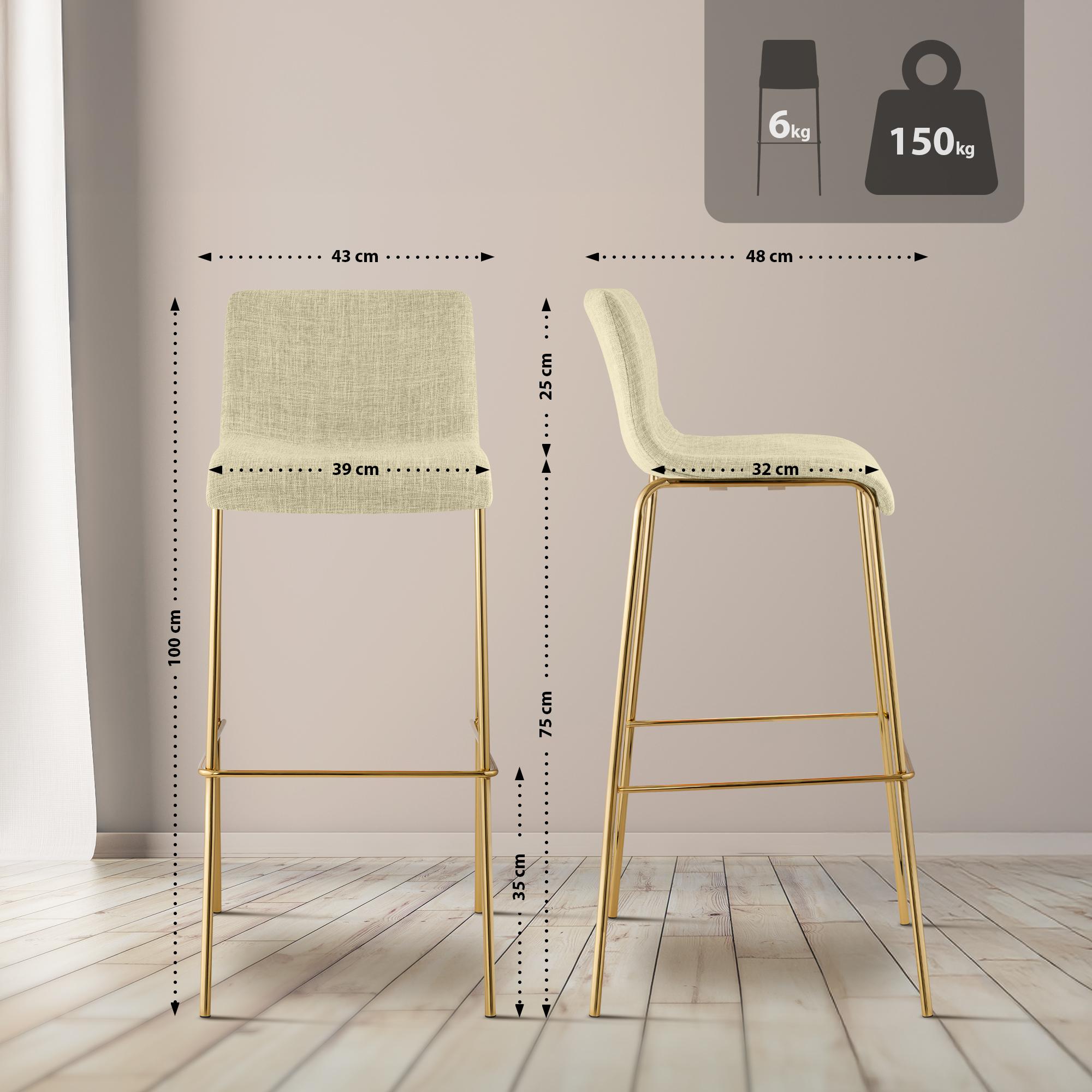 Set de 2 Taburetes de Bar Hover de Tela con Estructura de Cuatro Patas Dorada