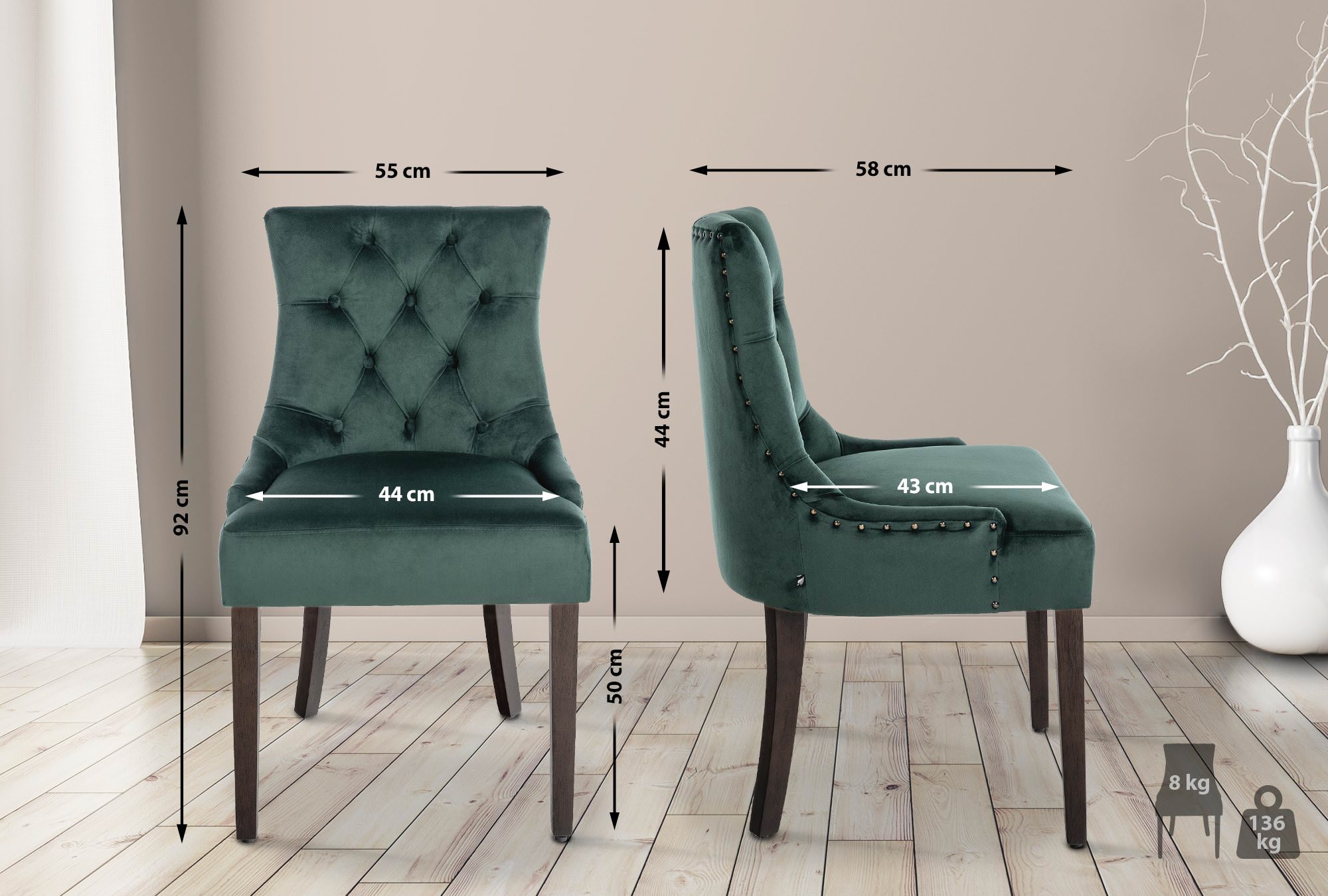 Juego de 4 sillas de comedor Aberdeen en terciopelo