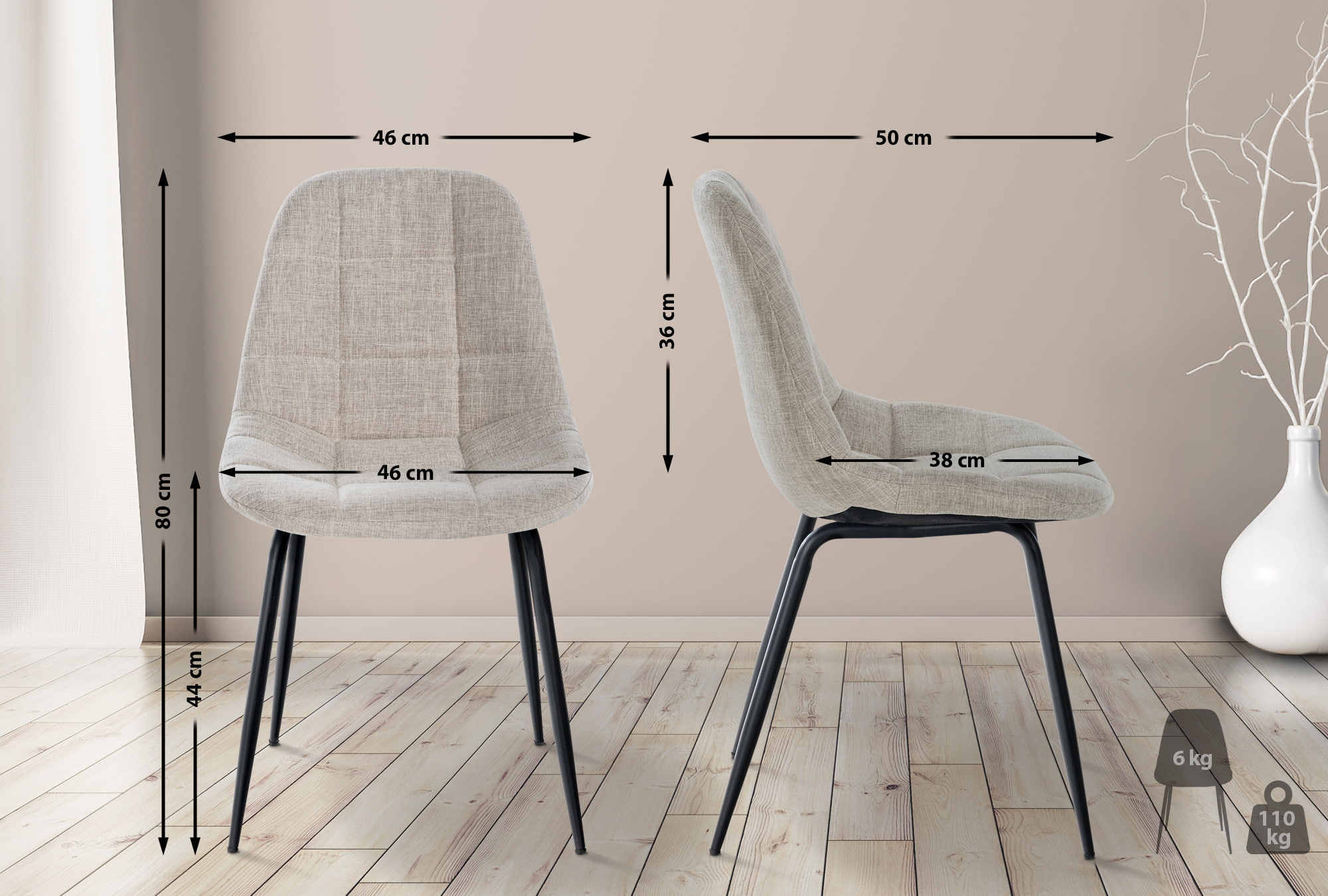 Set de 2 Sillas de comedor Tom en tela o polipiel