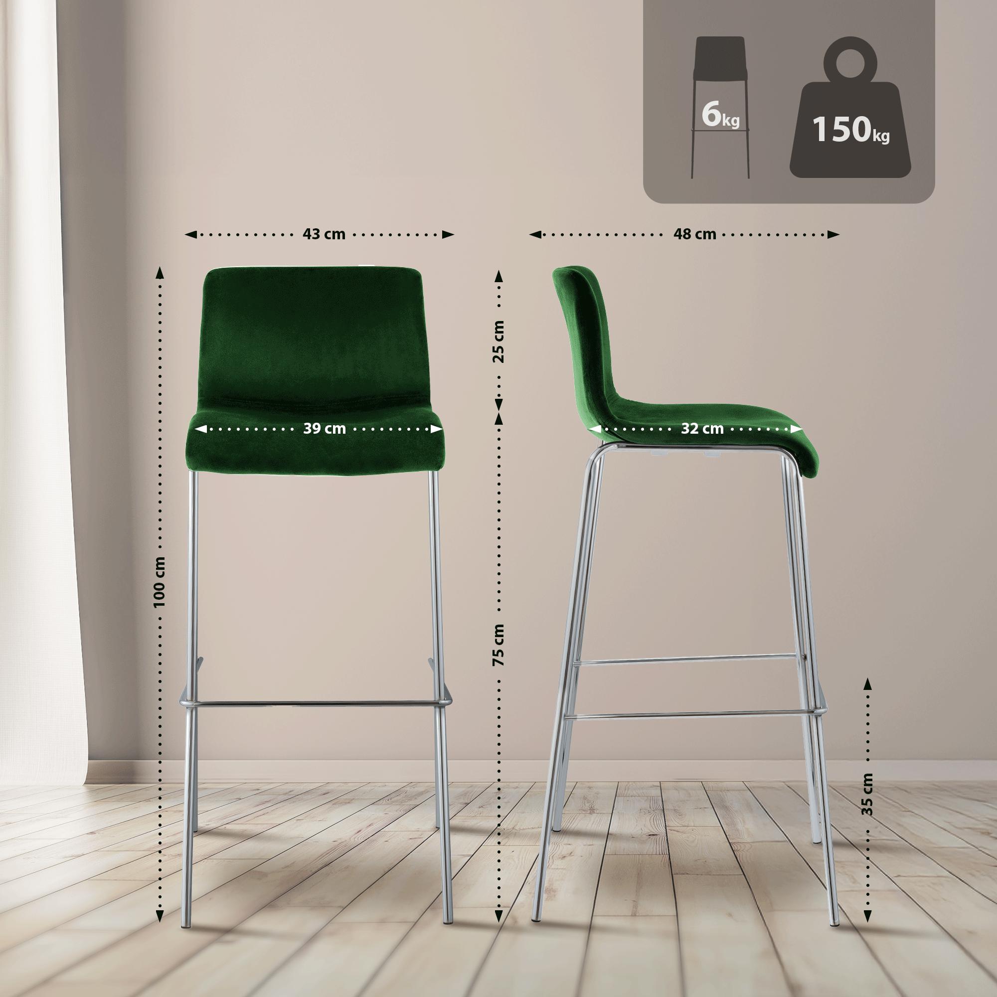Taburete de barra Hover tapizado en terciopelo con estructura de cuatro patas cromada