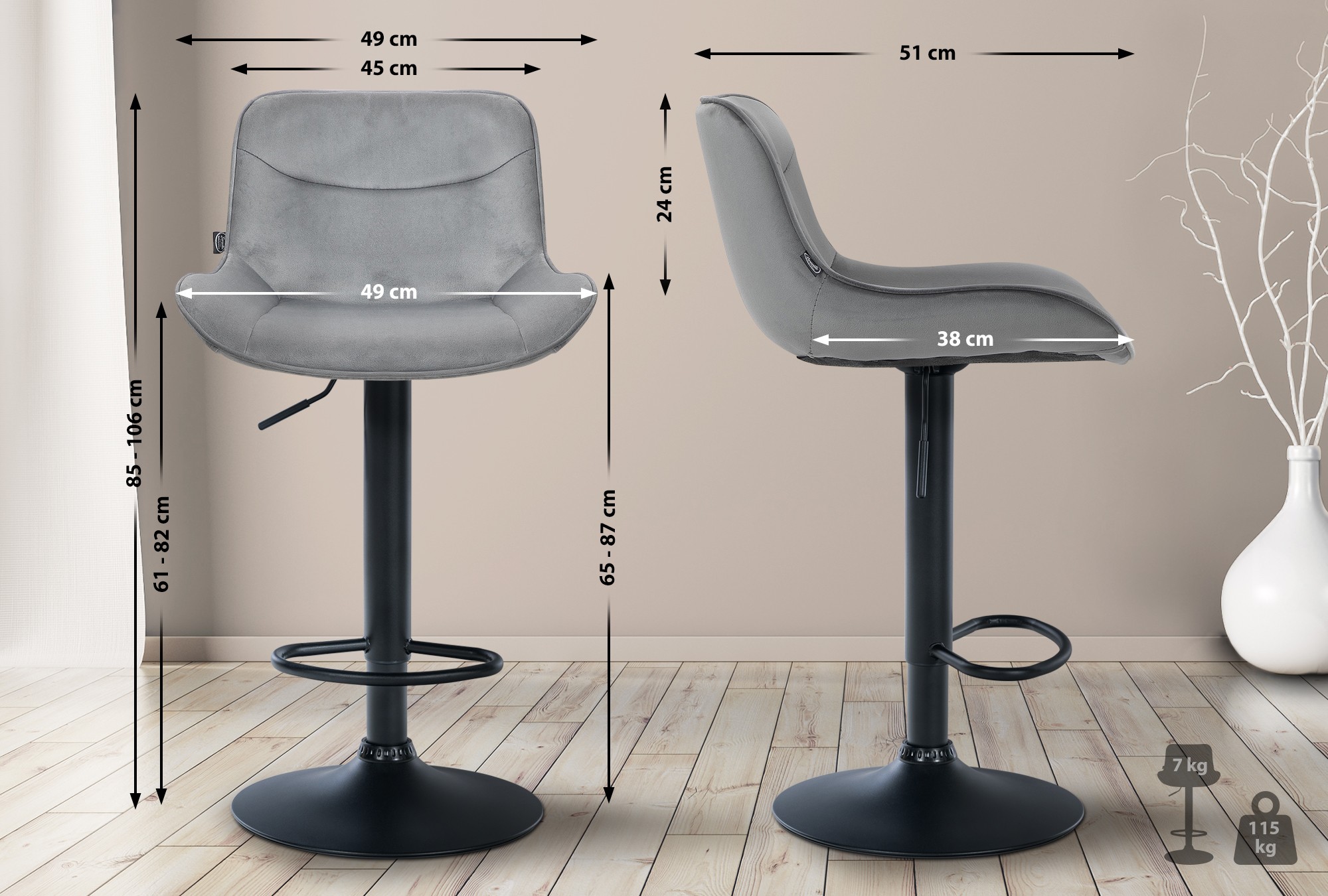 Juego de 2 taburetes de bar Vonore en terciopelo