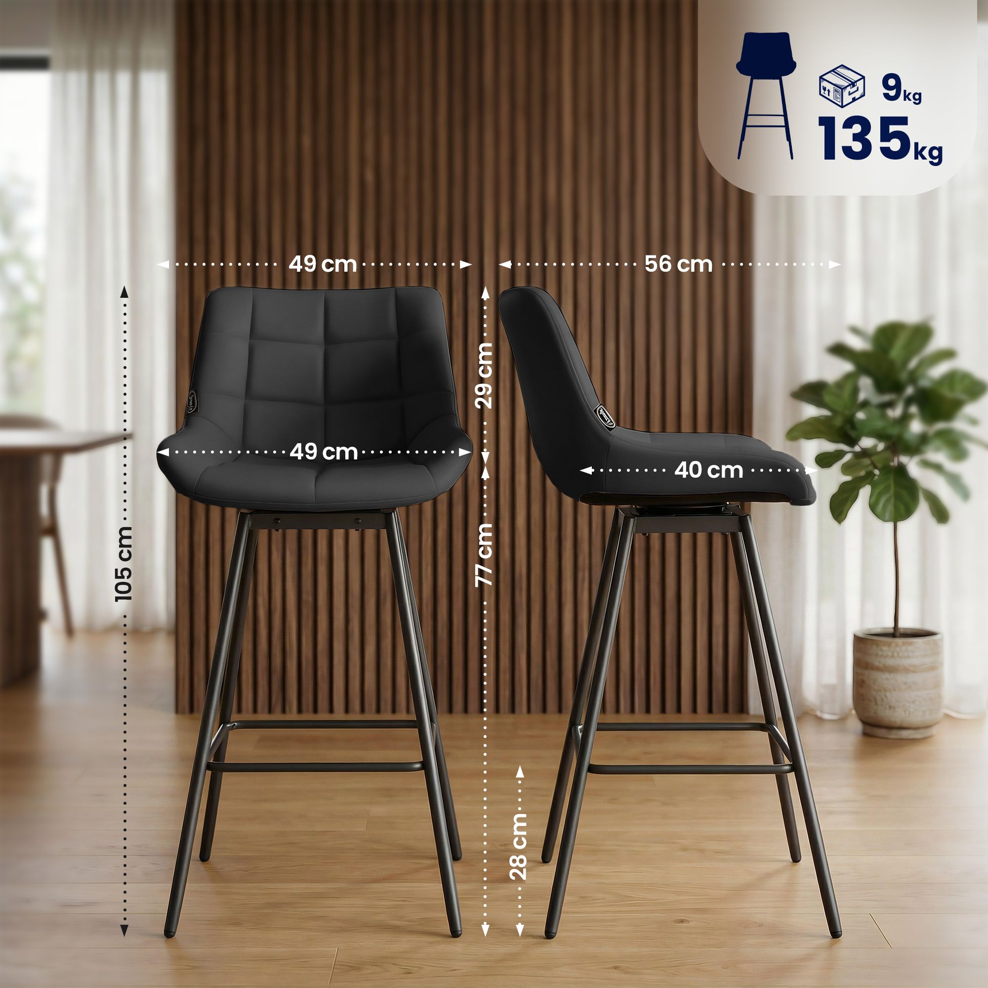 Taburete de Bar Weston Giratorio 180 grados | Taburete Alto con Respaldo y Asiento Acolchado
