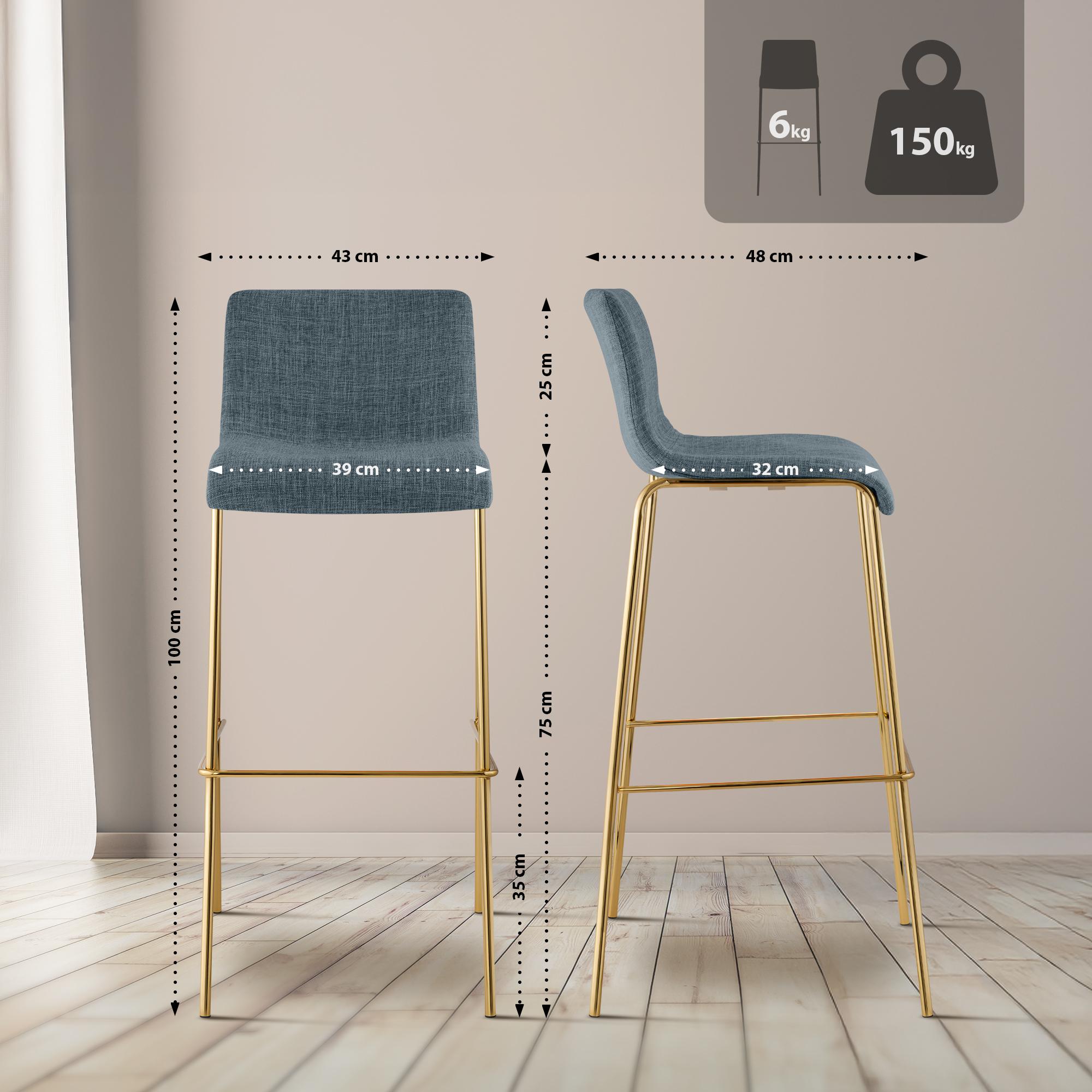 Set de 2 Taburetes de Bar Hover de Tela con Estructura de Cuatro Patas Dorada