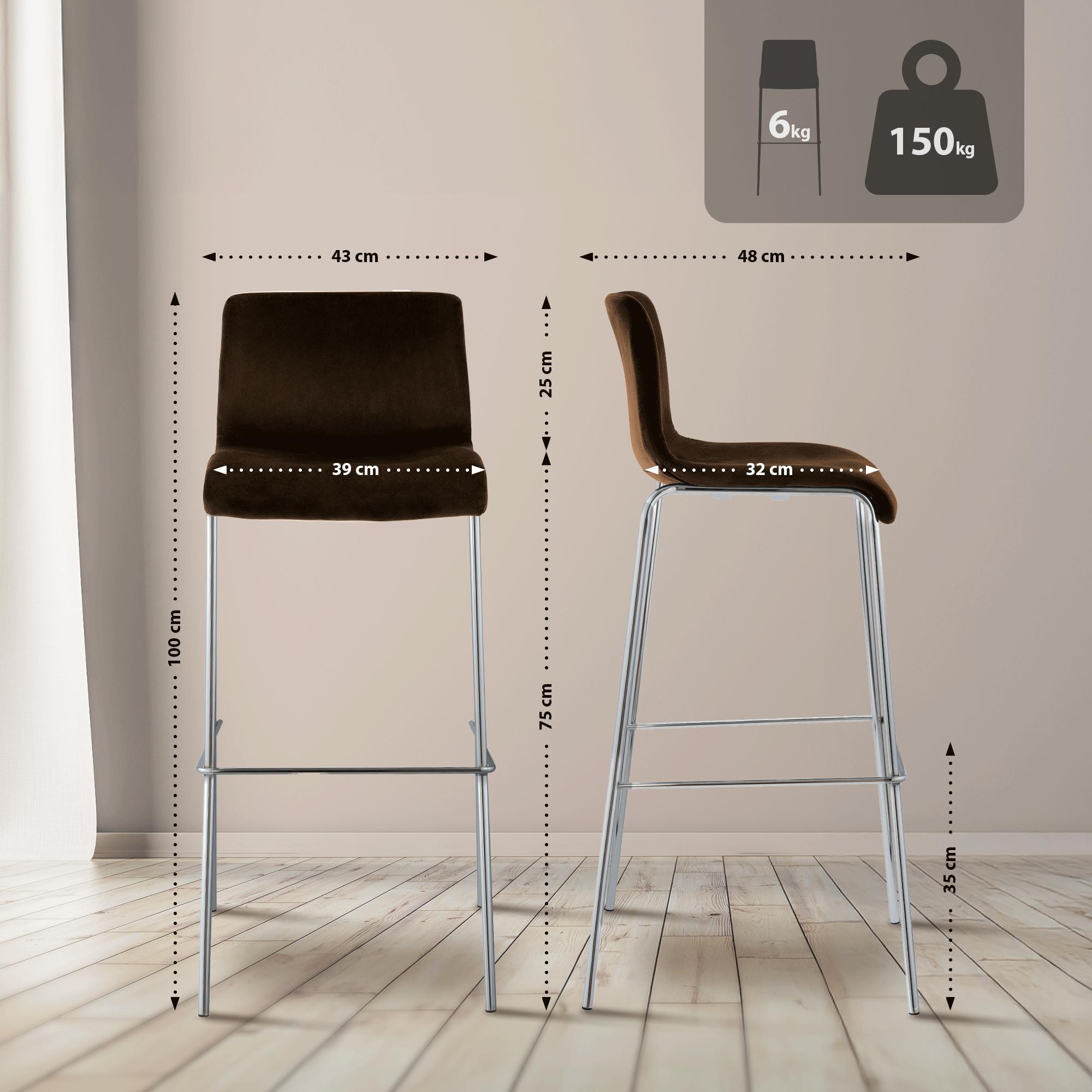 Taburete de barra Hover tapizado en terciopelo con estructura de cuatro patas cromada