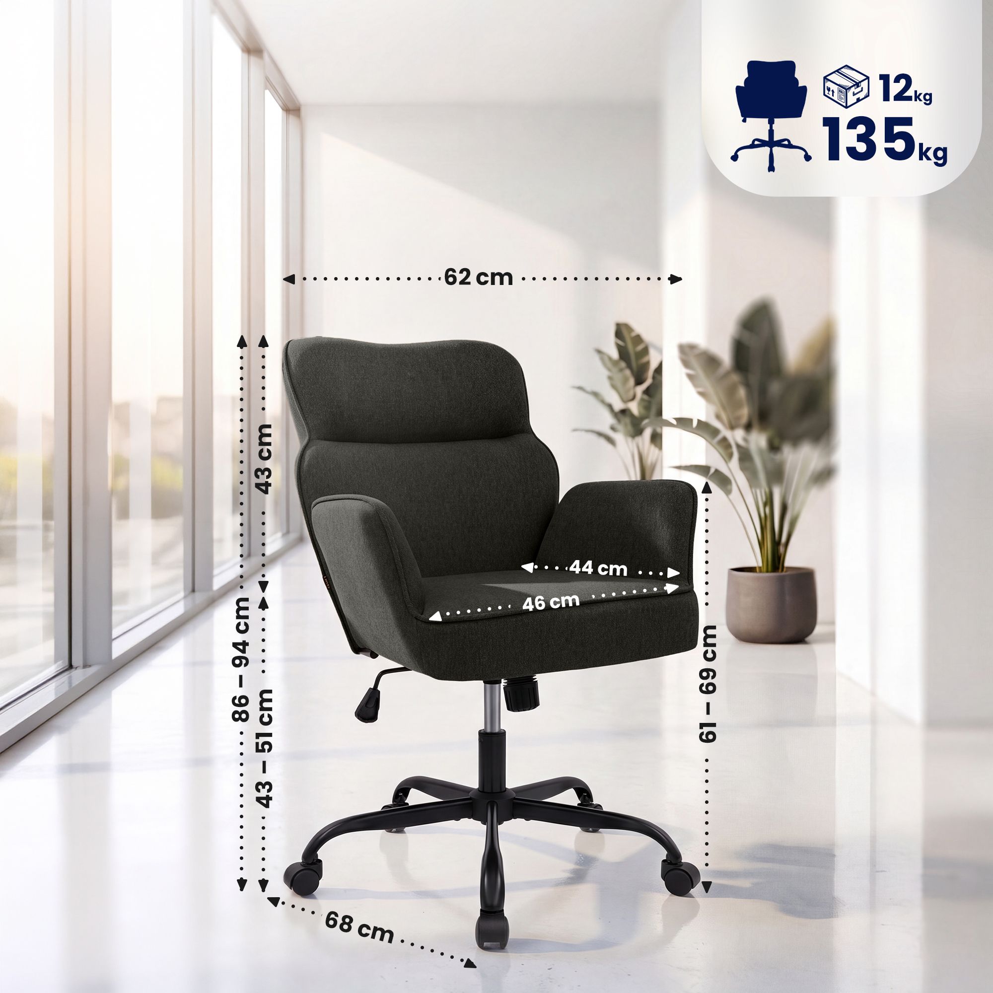 Silla de oficina Amado con tapizado en tela