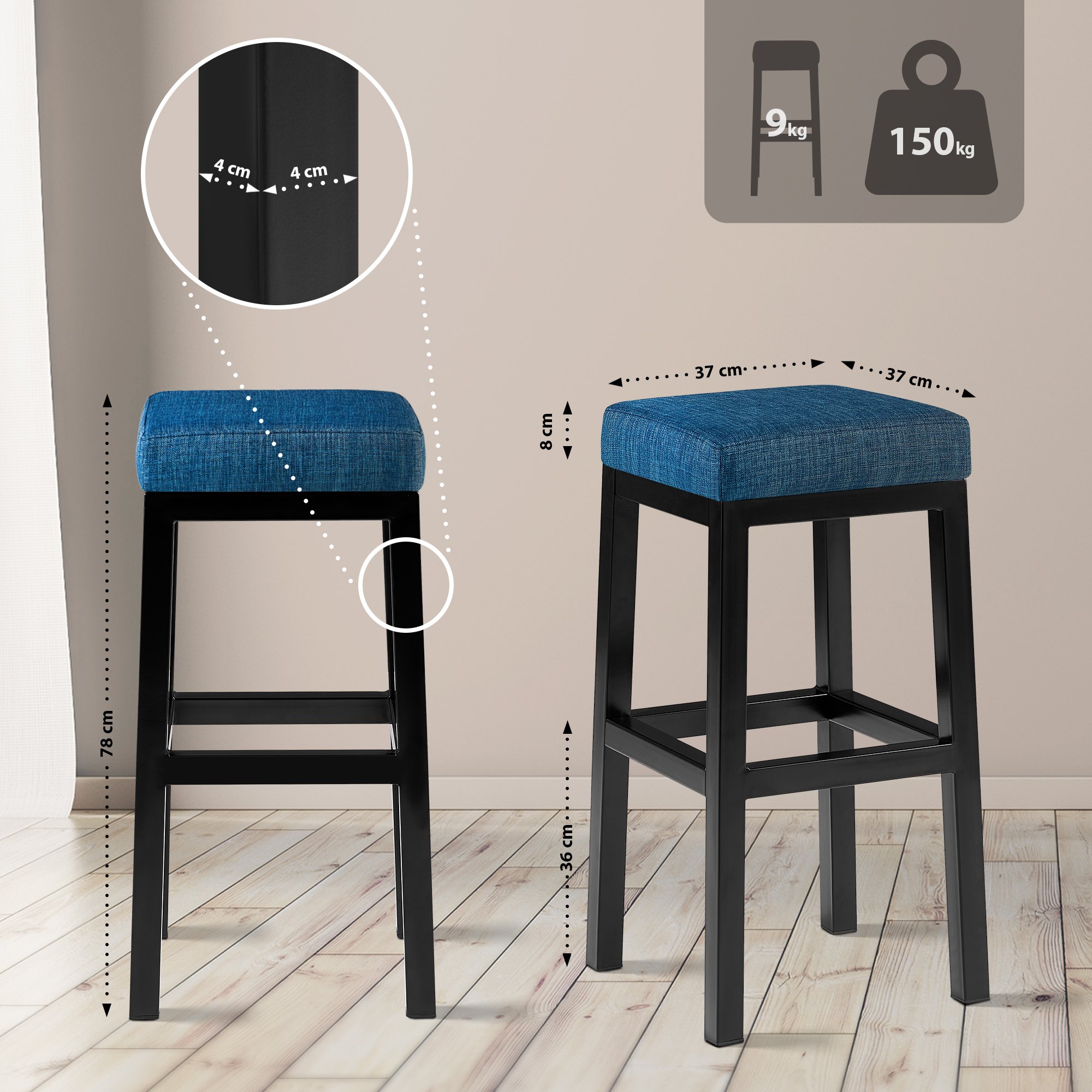 Taburete de bar Taylor Funda de tela Altura del asiento 78 cm Estructura de metal negro