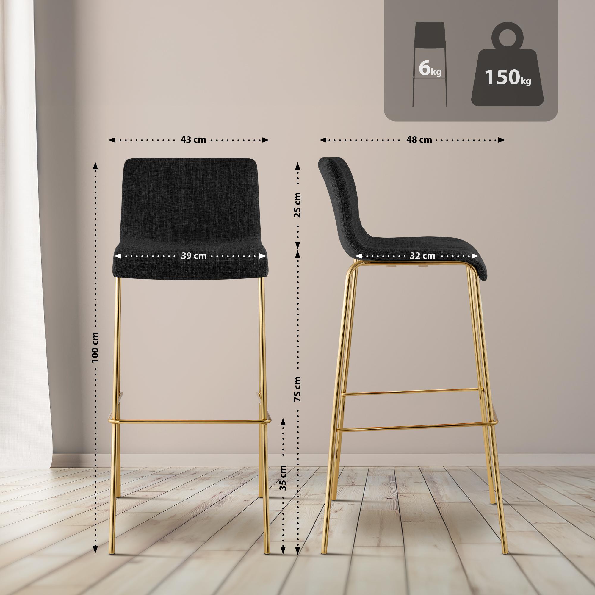 Set de 2 Taburetes de Bar Hover de Tela con Estructura de Cuatro Patas Dorada