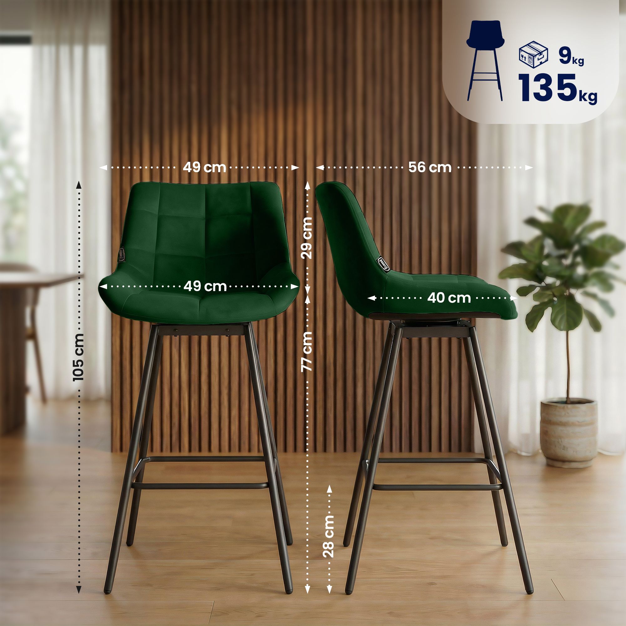 Taburete de Bar Weston Giratorio 180 grados | Taburete Alto con Respaldo y Asiento Acolchado