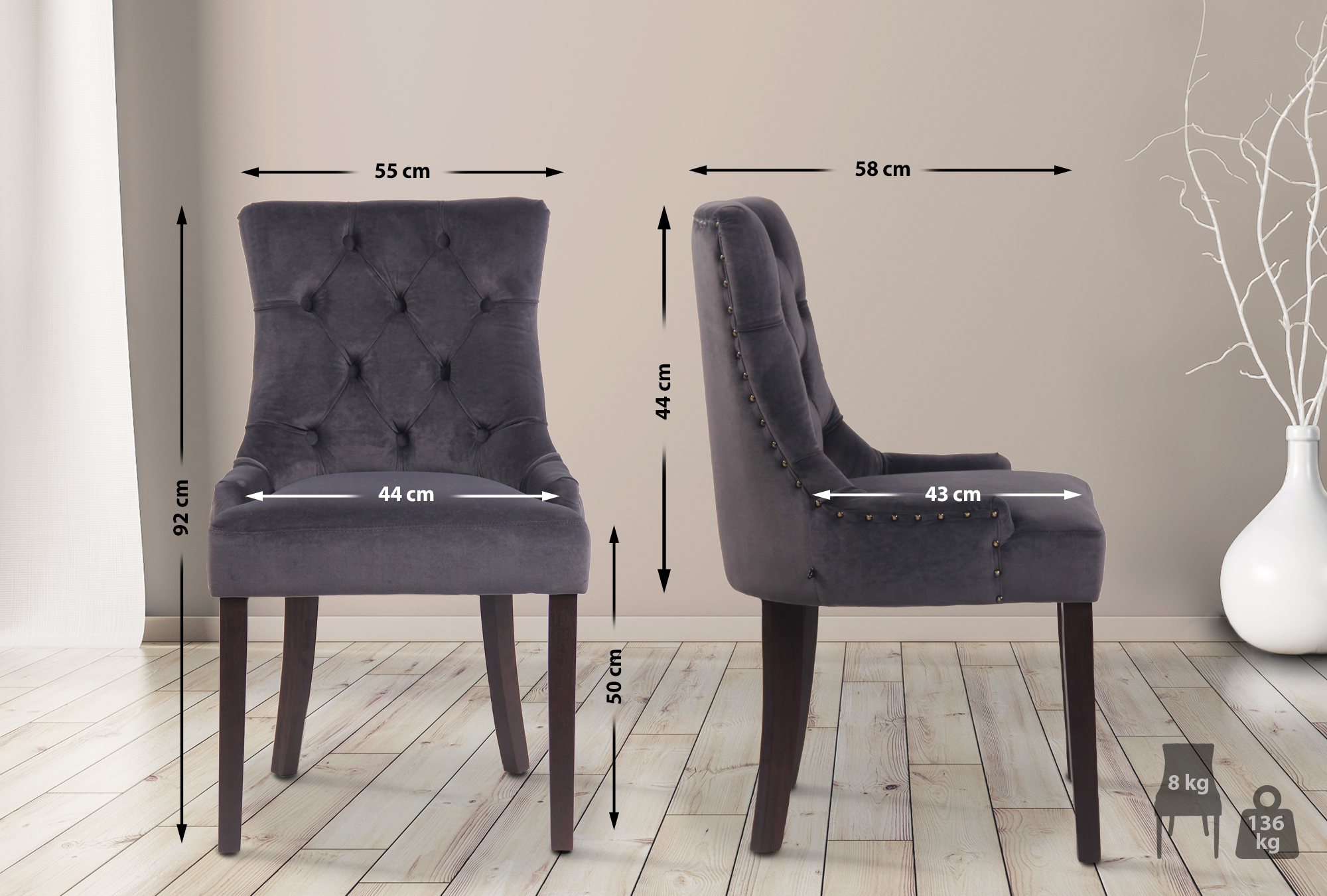 Juego de 4 sillas de comedor Aberdeen en terciopelo