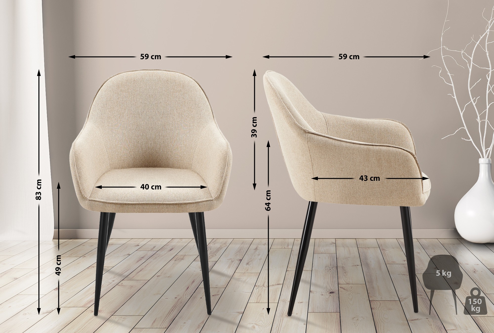 Set de 2 sillas de comedor Boise en tela